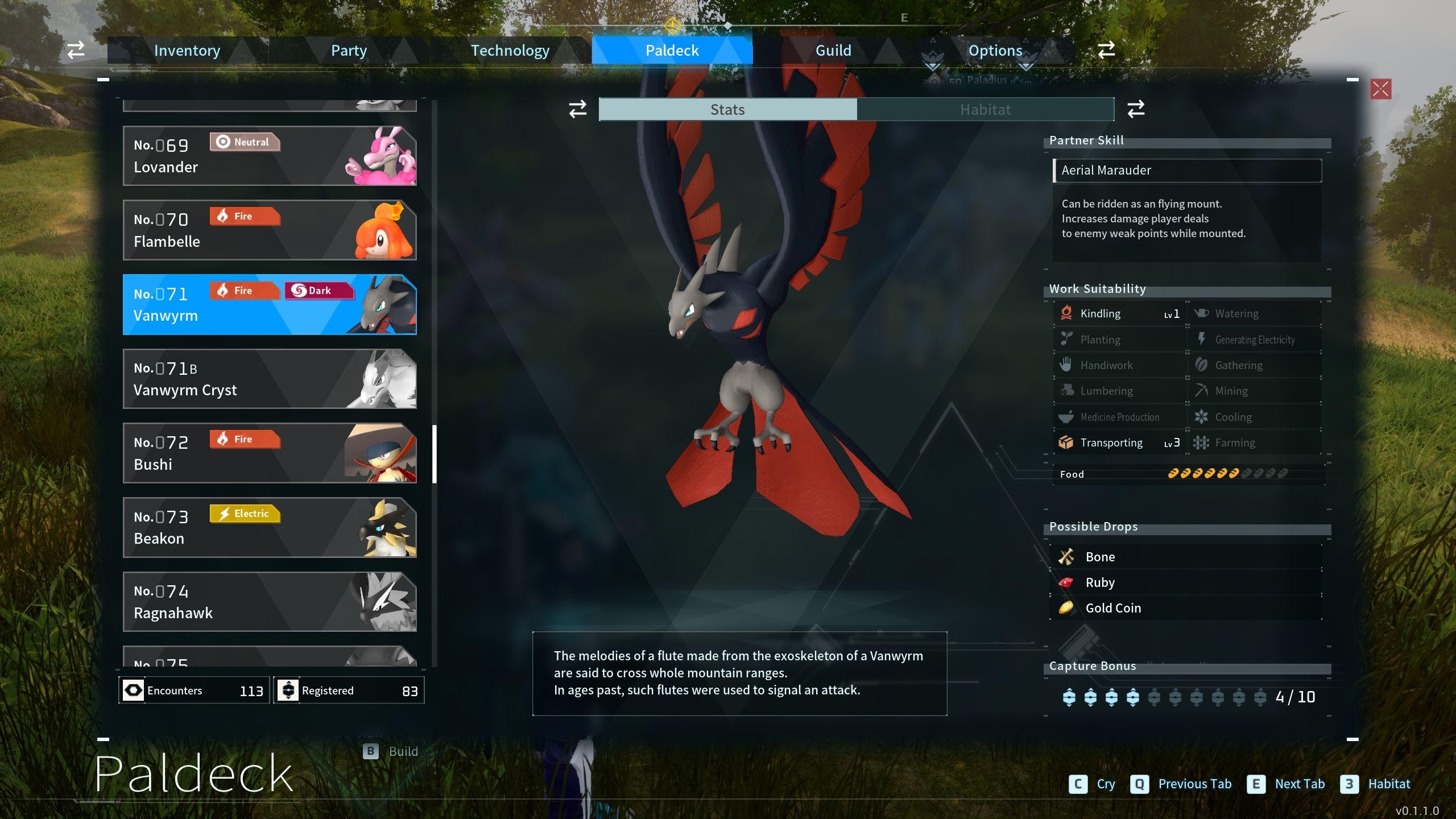 Vanwyrm menu in the paldeck Palworld