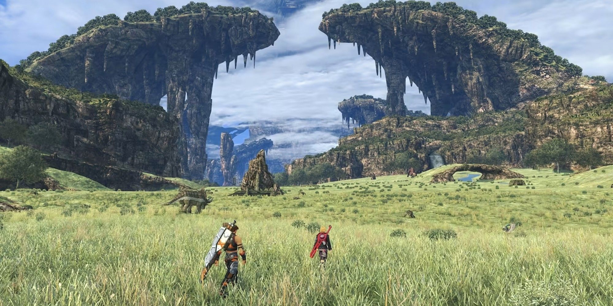 Characters standing in front of the Bionis' Leg in Xenoblade Chronicles.