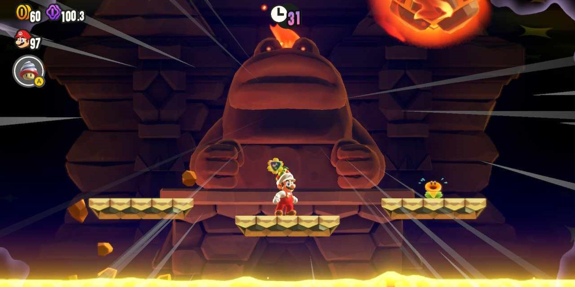 A screenshot of Wavy Ride Through The Magma Tube from Super Mario Bros. Wonder