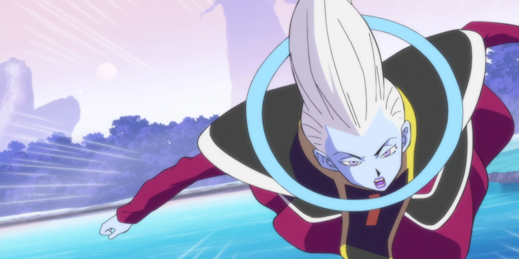 Whis flying in for an attack in Dragon Ball Super