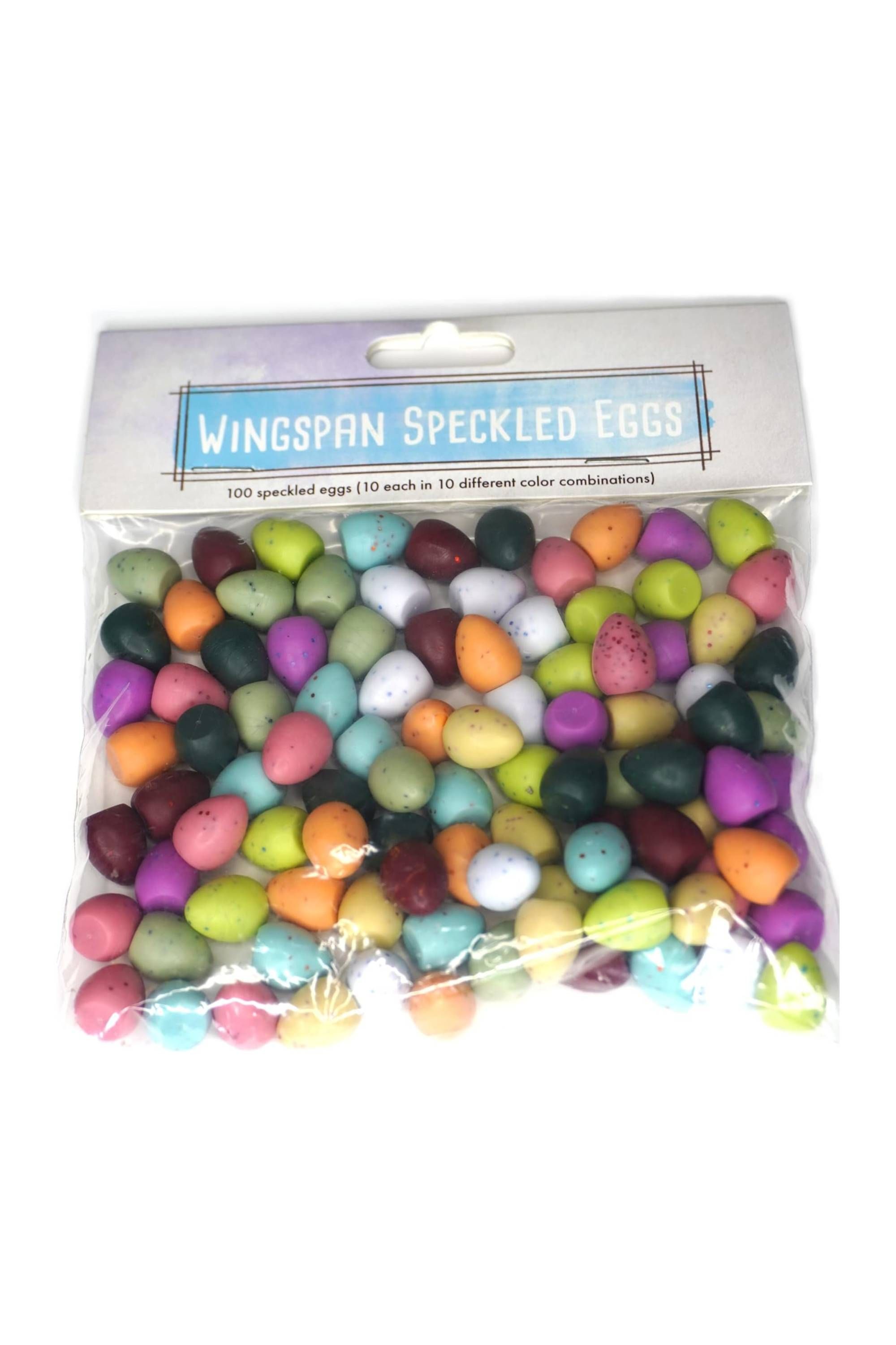 100 Speckled Egg miniatures in various colours, an official accessory pack for tabletop game Wingspan