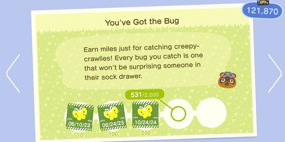You've Got The Bug flashcard reads: "Earn miles just for catching creepy-crawlies! Every bug you catch is one that won't be surprising someone in their sock drawer."