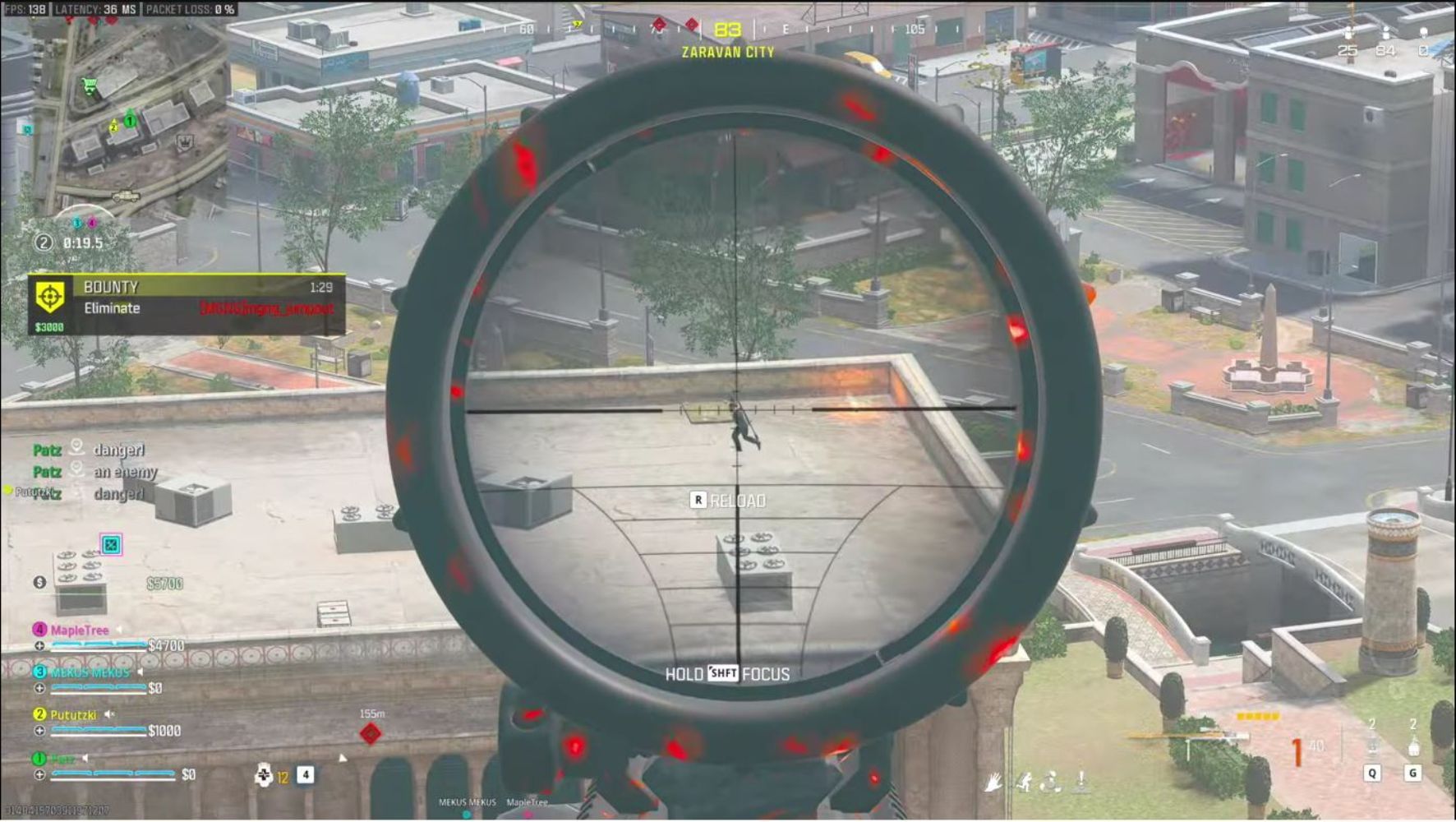 Sniper rifle aiming at an enemy on a roof from long range in Call of Duty Warzone