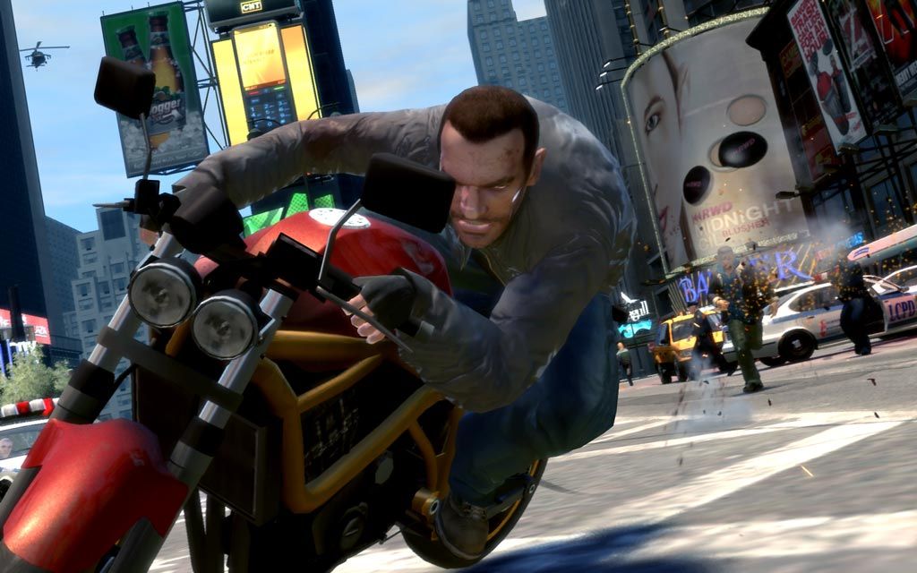 Grand Theft Auto 4 - Nico on a motorcycle in Times Square
