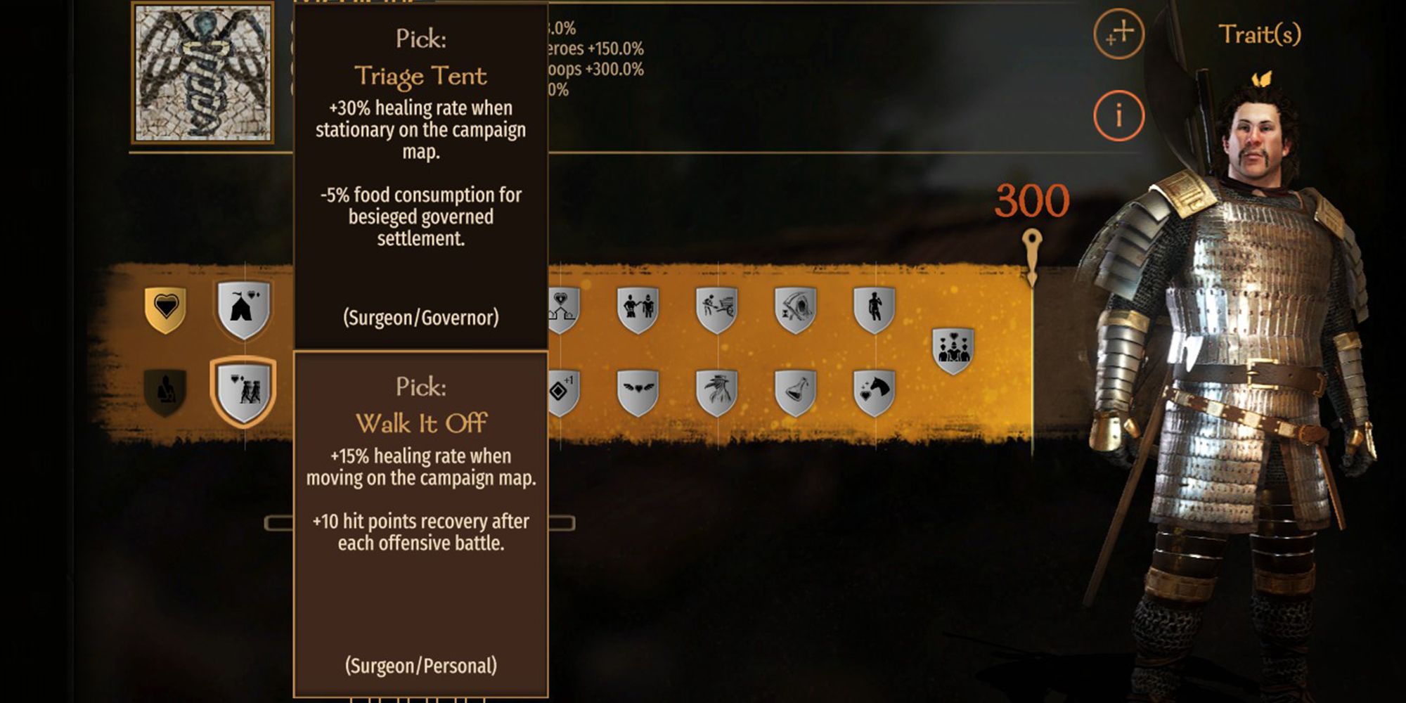 +15% healing rate when moving on the campaign map. +10 hit point recovery after each offensive battle.