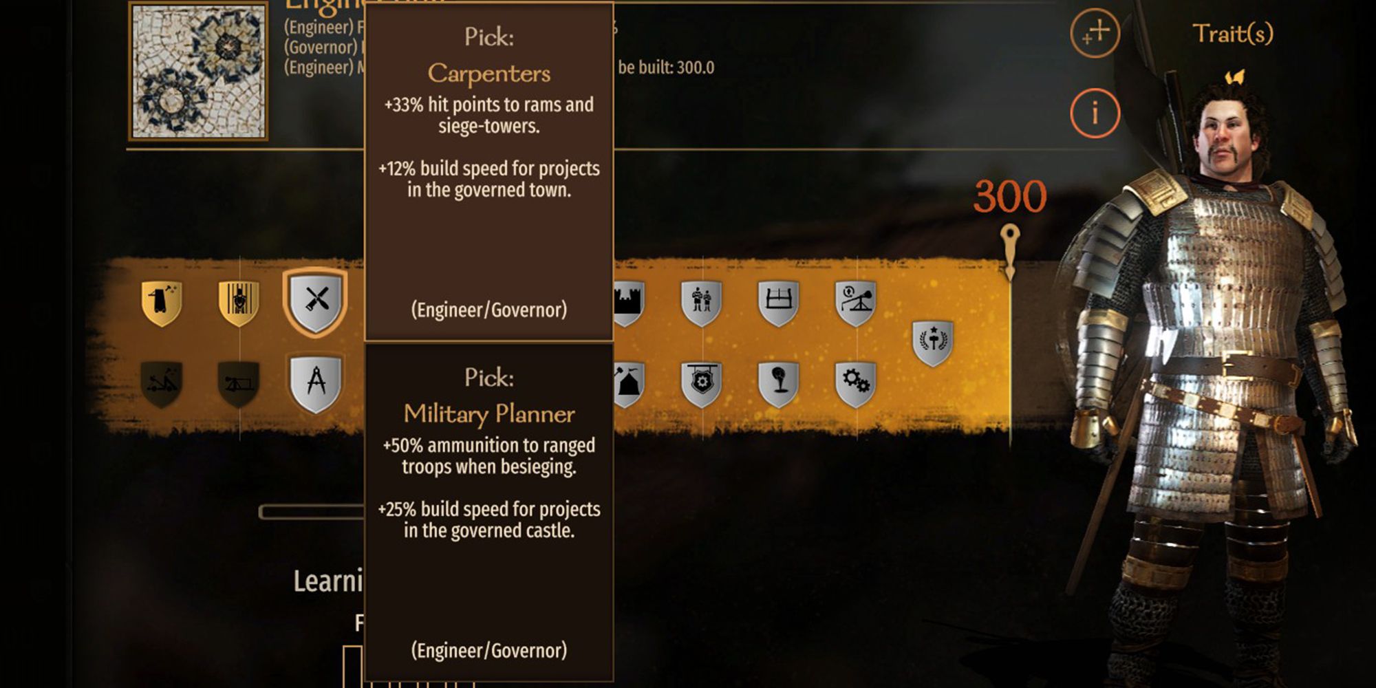 +33 hit points to rams and siege towers. +12% build speed for projects in the governed town.