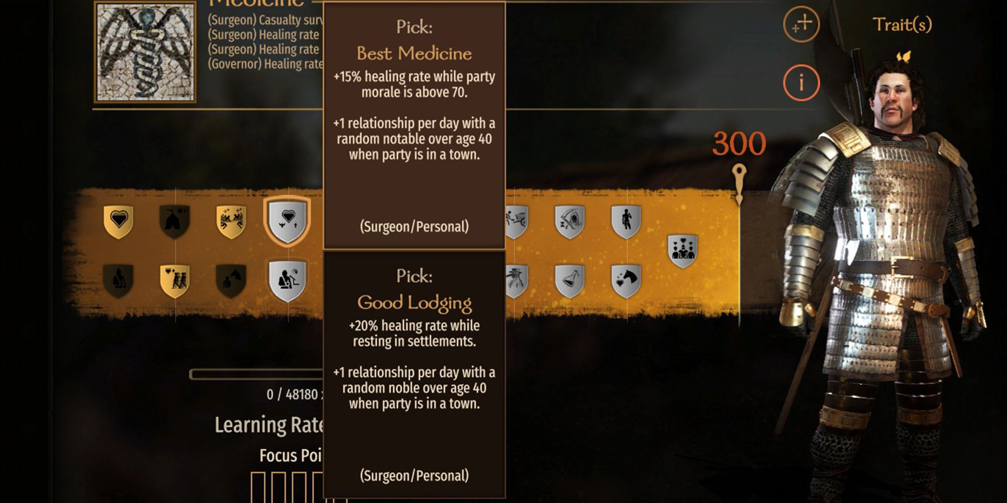 +15% healing rate while party morale is above 70. +5 relationship per day with a random notable over age 40 when party is in town.