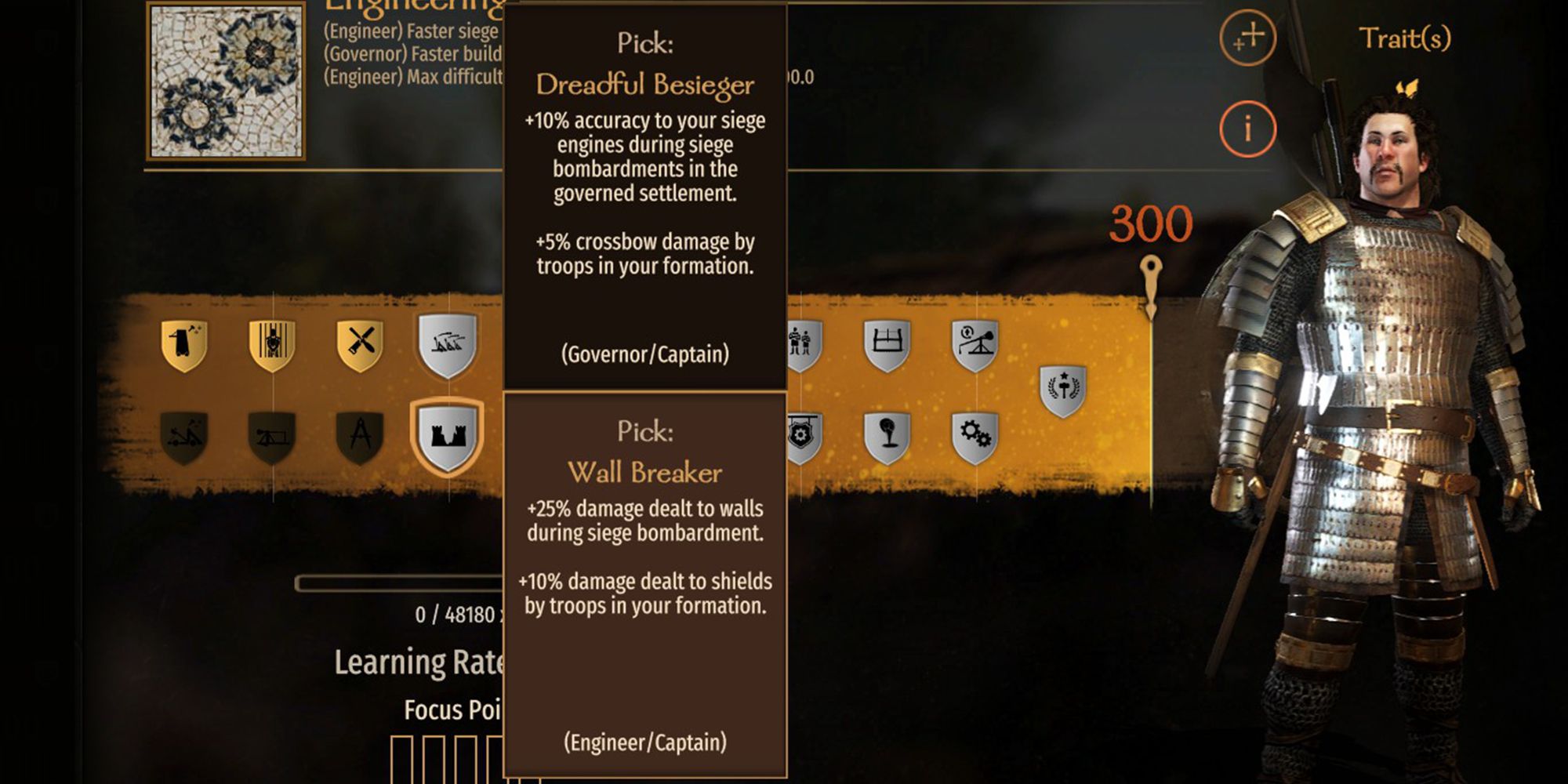 +25% damage dealt to walls during siege bombardment. +30% damage dealt to shields by troops in your formation.