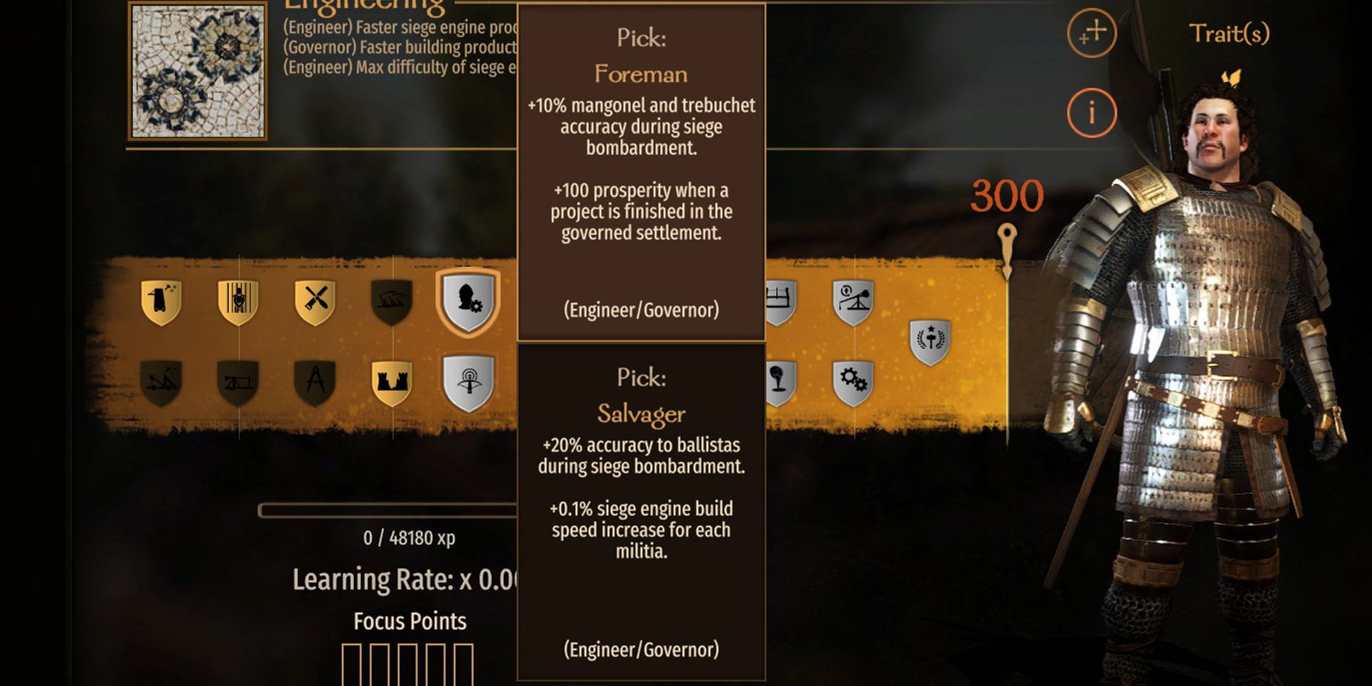 +10% mangonel and trebuchet accuracy during siege bombardments. +100 prosperity when a project is finished in the governed settlement.