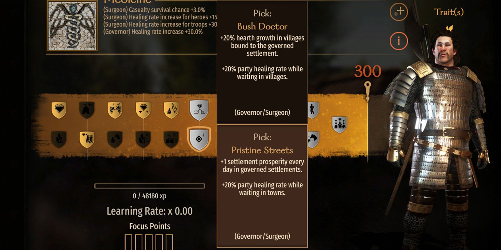 +1 settlement prosperity every day in governed settlements. +20% party healing rate while waiting in towns.