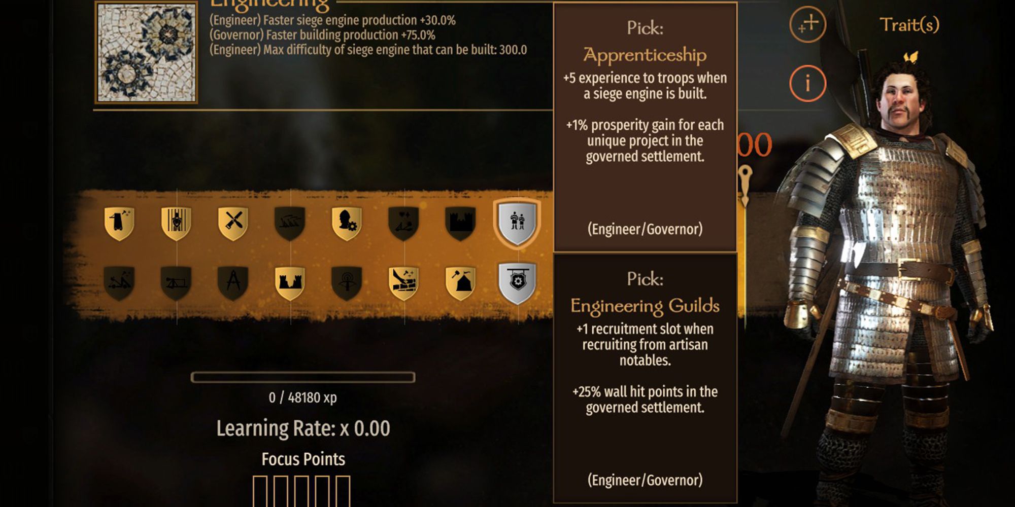 +5 experience to troops when a siege engine is built. +1% prosperity gain for each unique project in the governed settlement.
