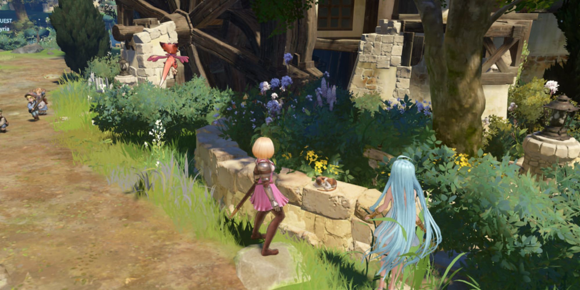 The captain and Lyria face a stray cat in town in Granblue Fantasy Relink