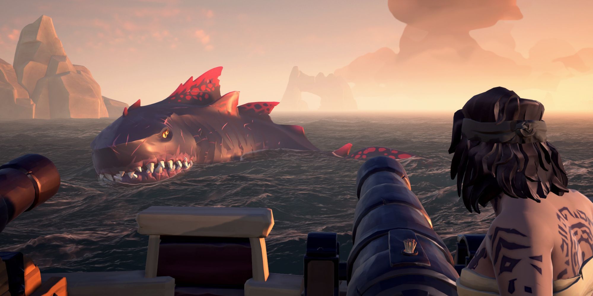 Players on ship face a Shadowmaw in the water in Sea Of Thieves