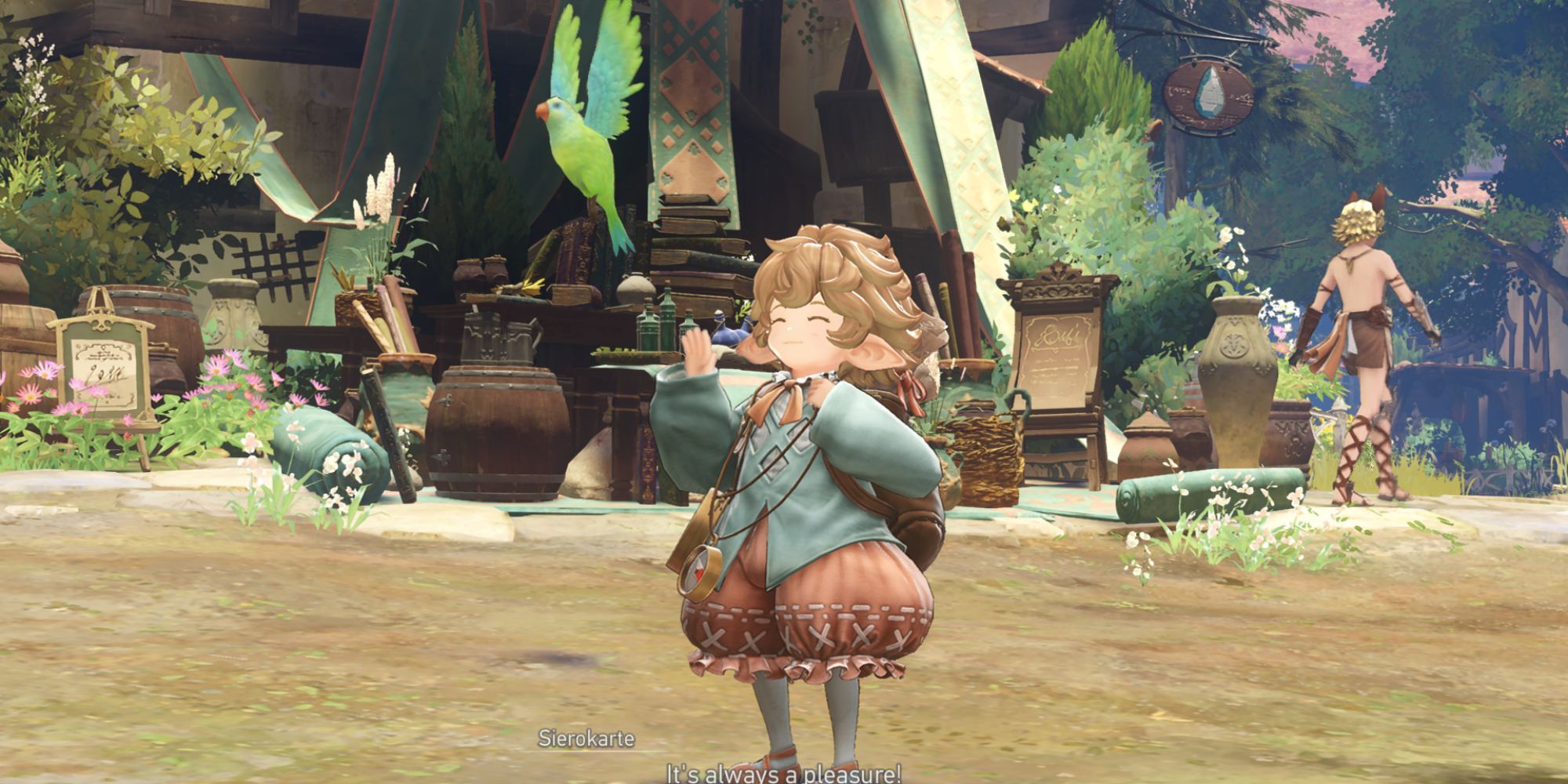 Granblue Fantasy Relink's Sierokarte stands by her shop in town as her parrot Gotle flies