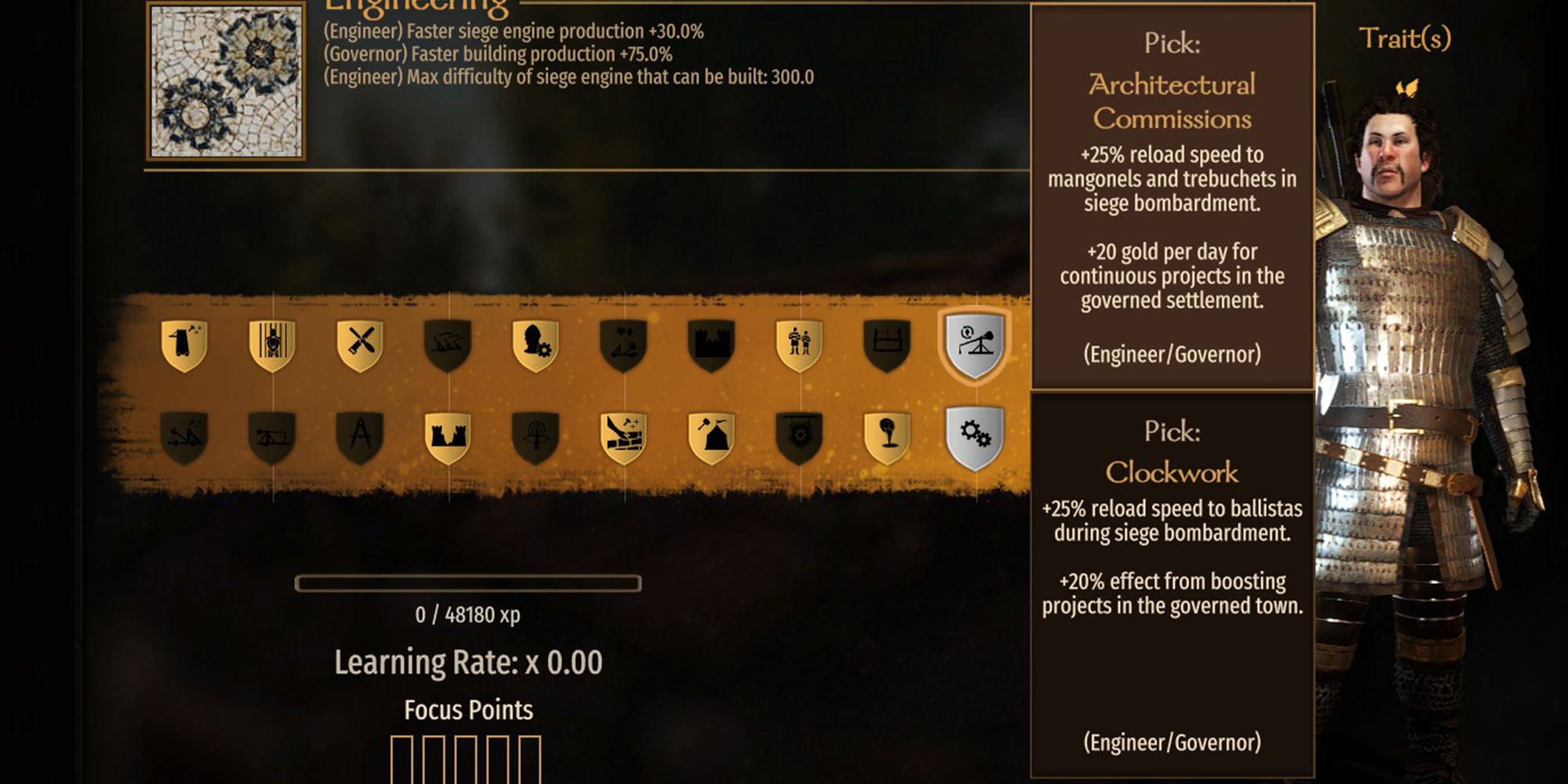 +25% reload speed to mangonels and trebuchets in siege bombardments. +20 gold per day for continuous projects in the governed settlement.