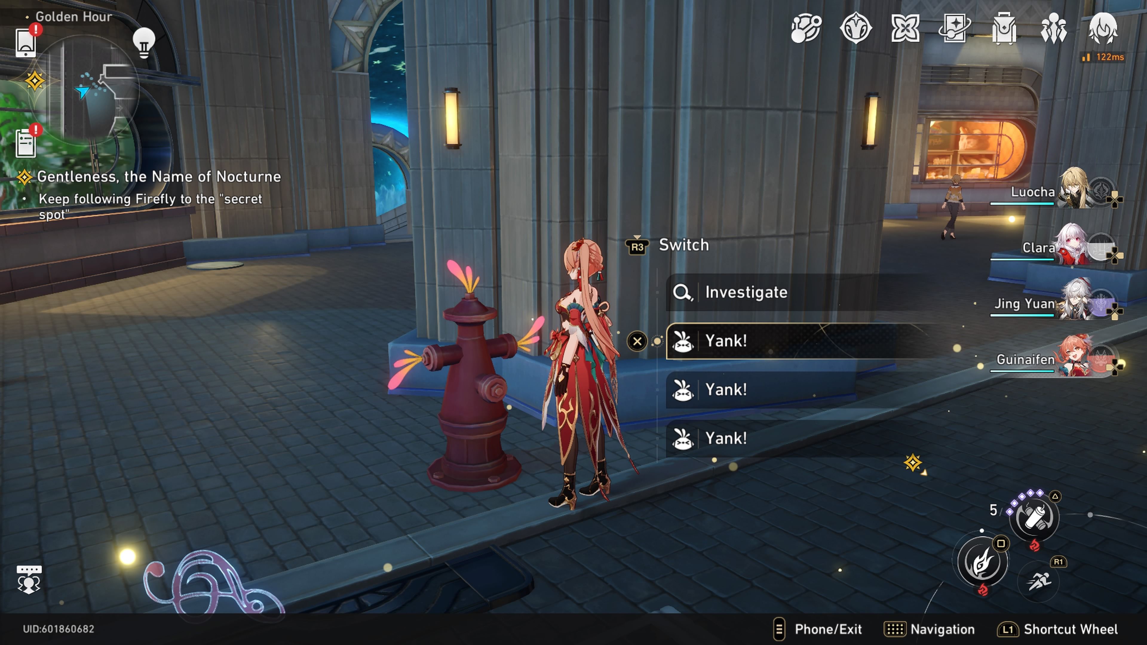Guinafen standing next to a fire hydrant with three sets of pink and orange feathers sticking out of it in Honkai: Star Rail.