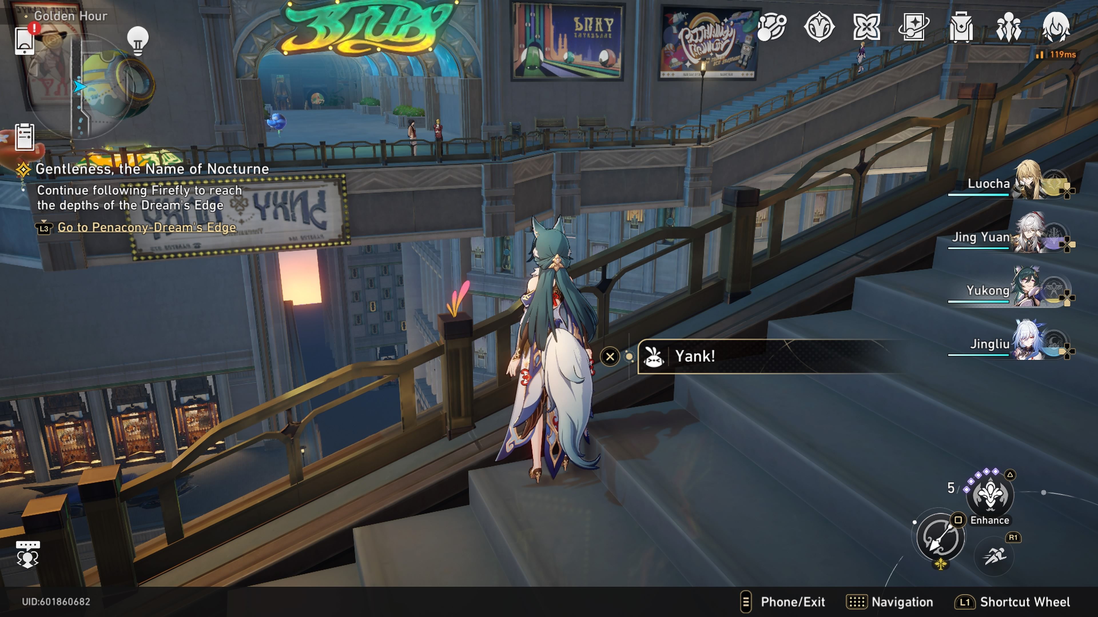 Yukong standing next to a set of pink and orange feathers sticking out of the top of a railing post in Honkai: Star Rail.