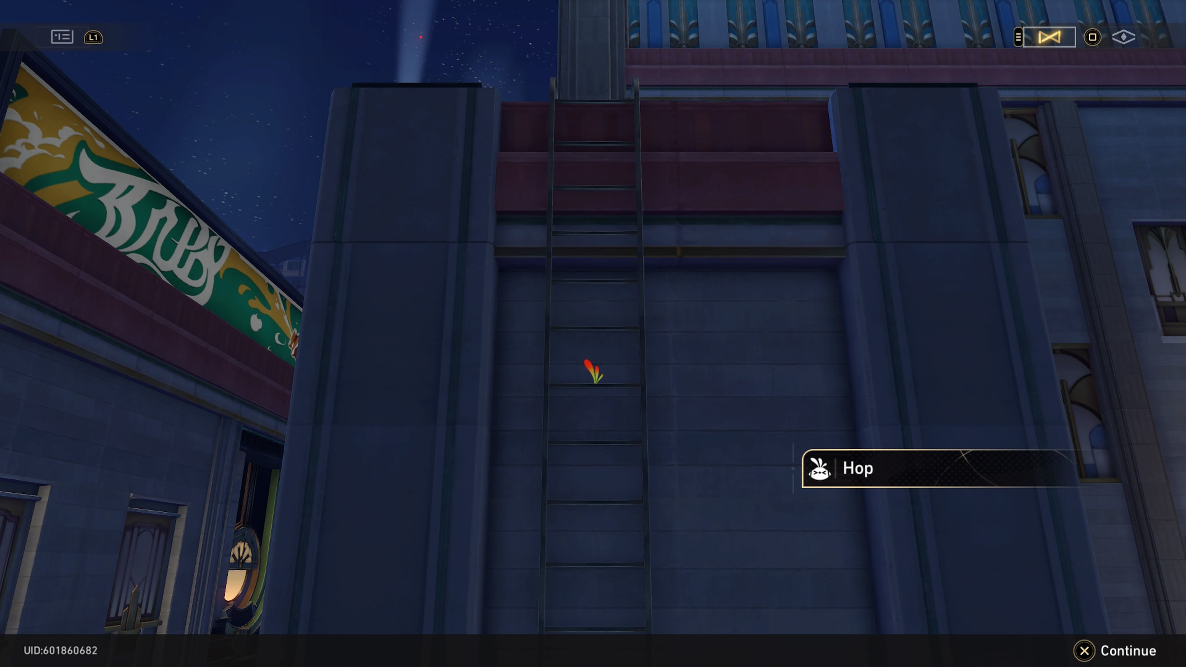Interacting with a set of green and red feathers hiding on a ladder against a wall in Honkai: Star Rail.