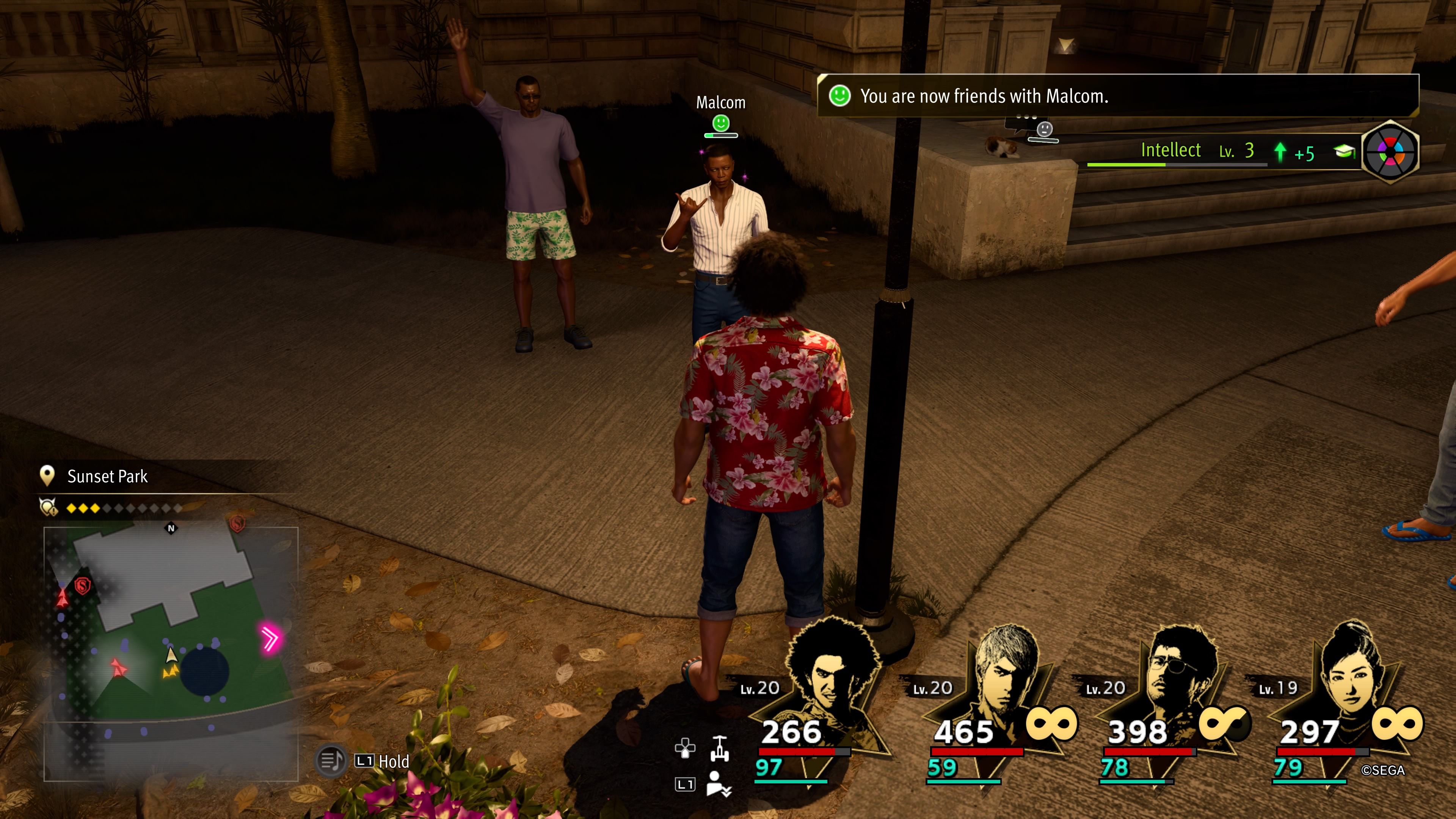 Kasuga greeting and making friends with a man named Malcolm at Sunset Park in Like A Dragon: Infinite Wealth.