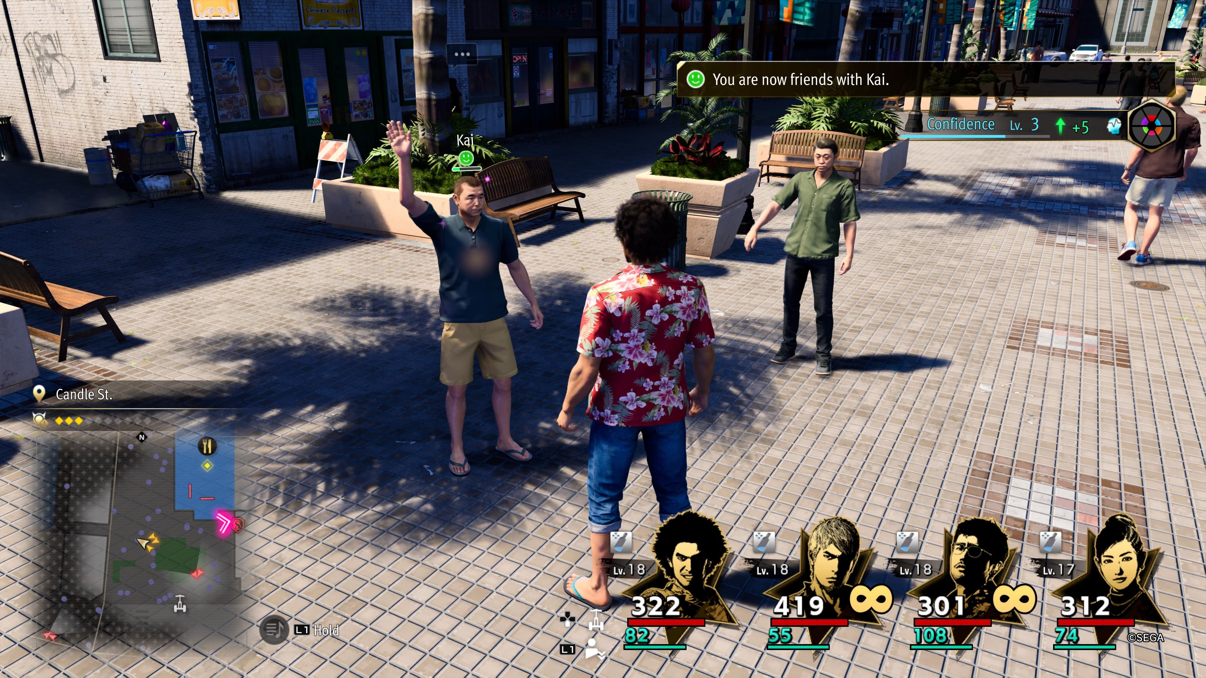 Kasuga greeting and making friends with a man named Kai on Candle St. in Like A Dragon: Infinite Wealth.