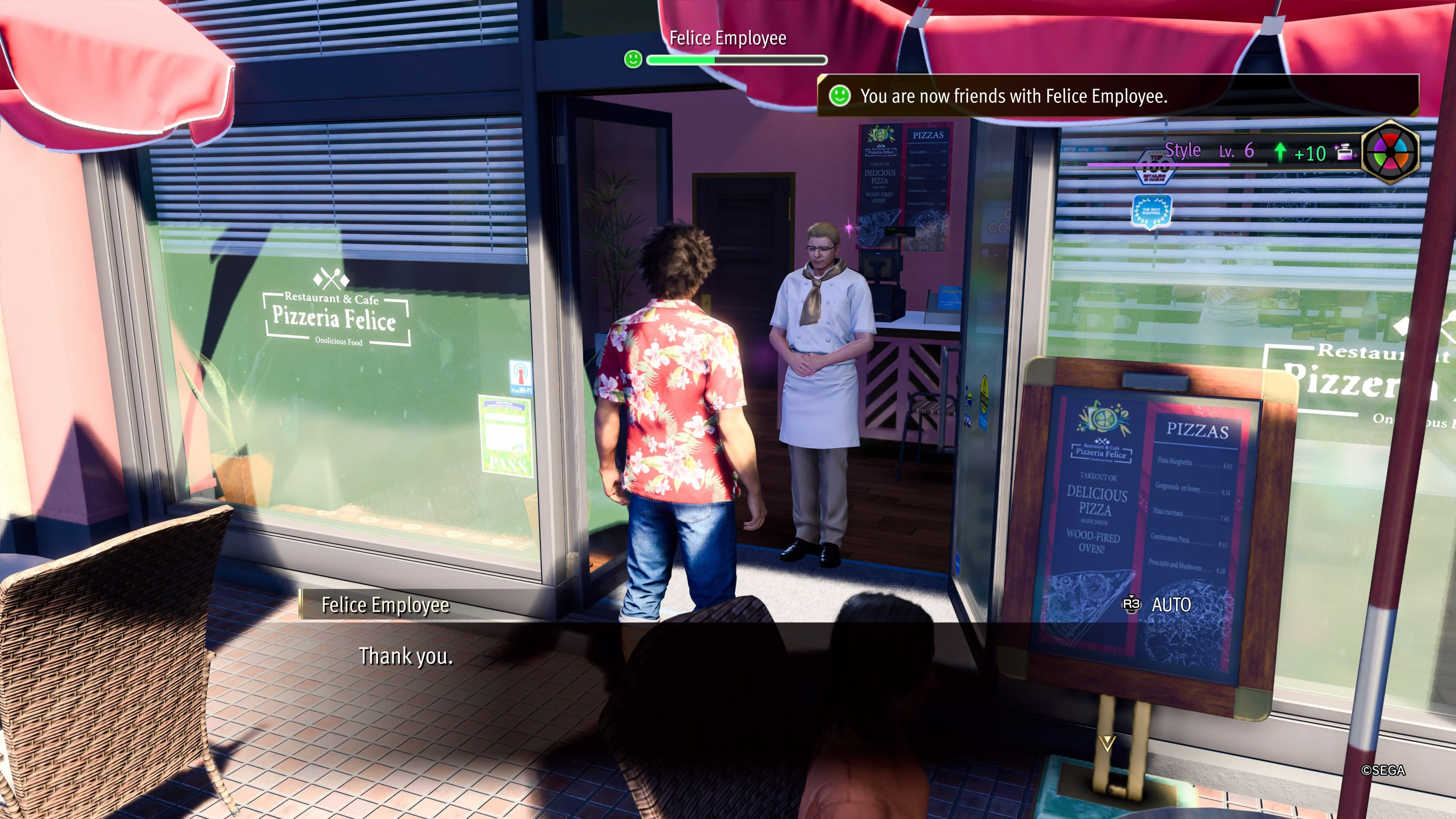Kasuga making friends with an employee from Pizzaria Felice on Makani Ave. in Like A Dragon: Infinite Wealth.