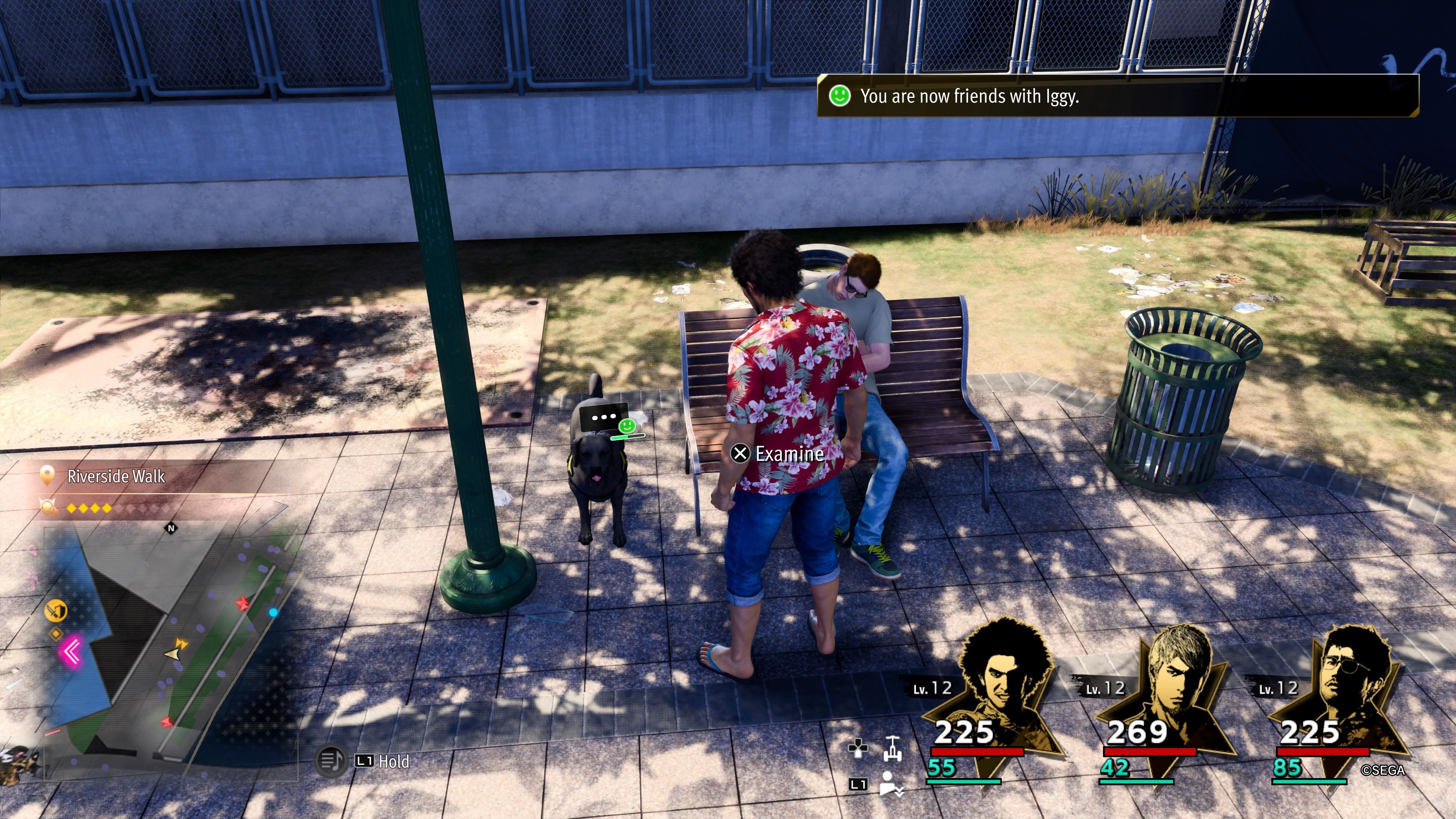 Kasuga making friends with a black dog named Iggy on Riverside Walk in Like A Dragon: Infinite Wealth.