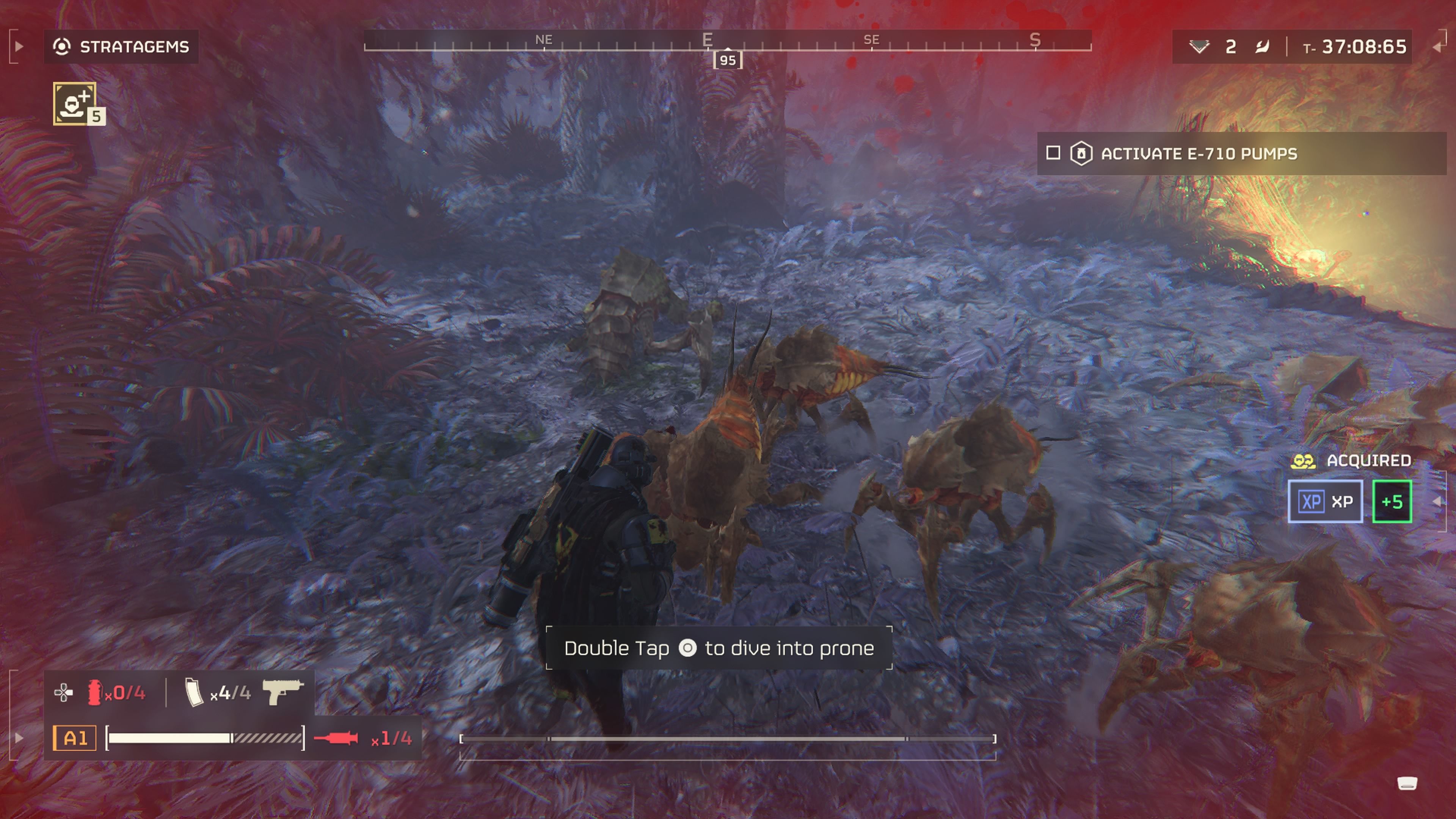 Player character crouching down and being approached by a group of several Scavengers in Helldivers 2.
