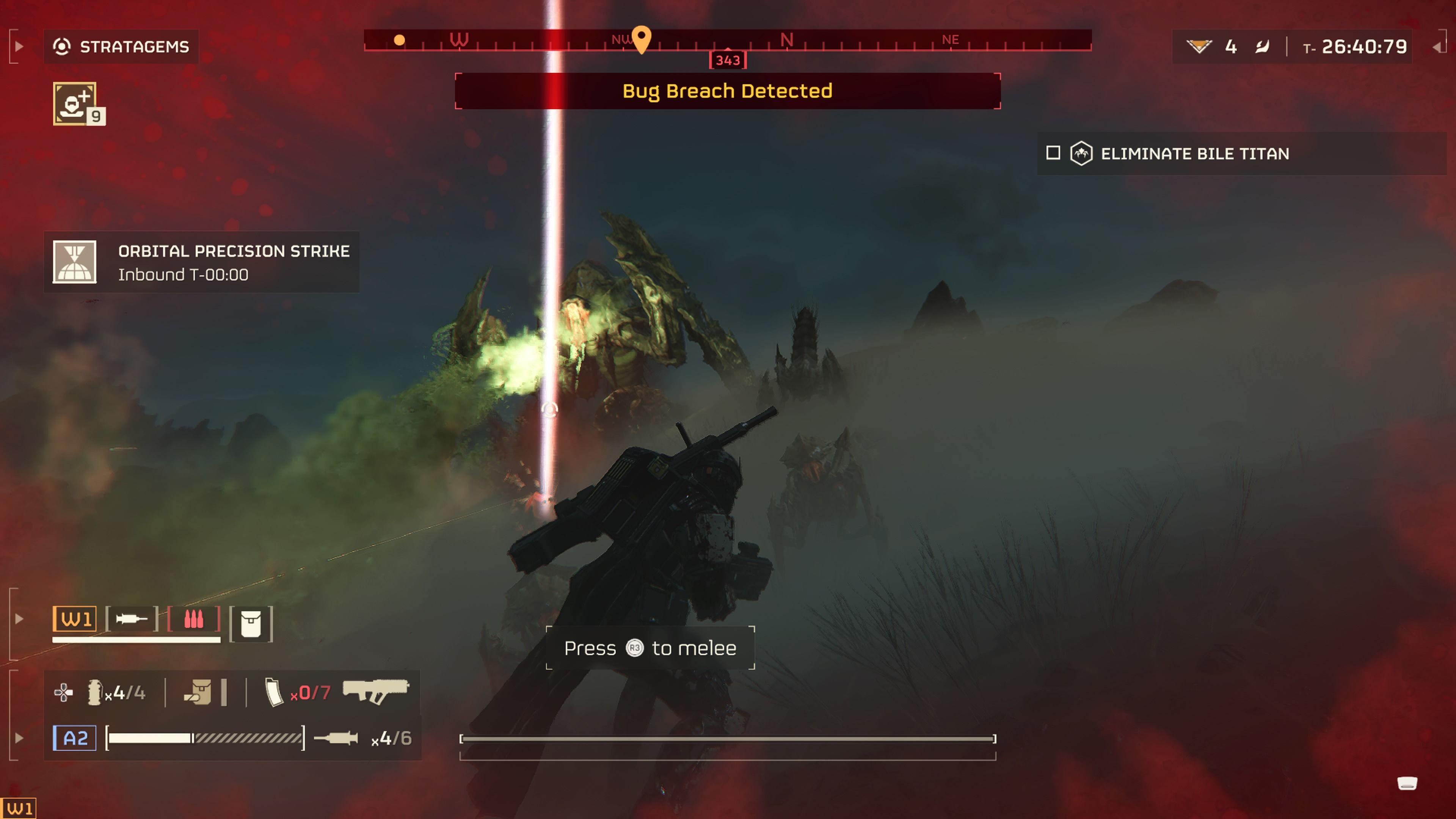 Player character running to the side to avoid a Bile Titan's acid attack while an Orbital Strike is primed to hit it in Helldivers 2.
