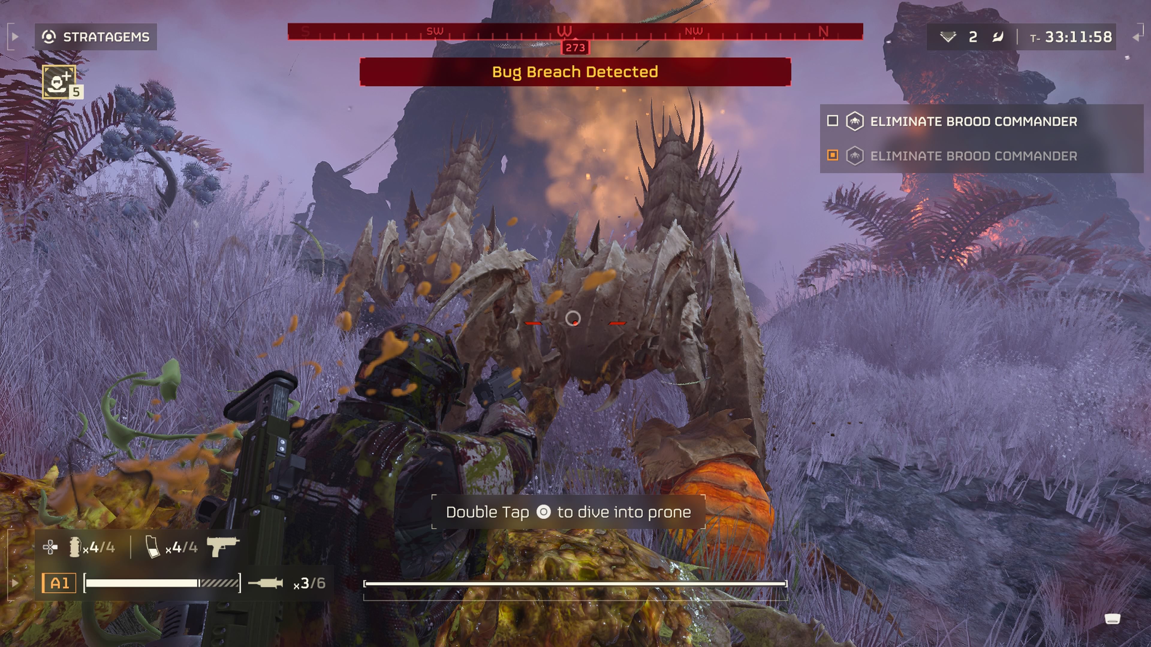 Player character aiming a pistol and firing at a group of Warrior Terminids rushing at them in Helldivers 2.
