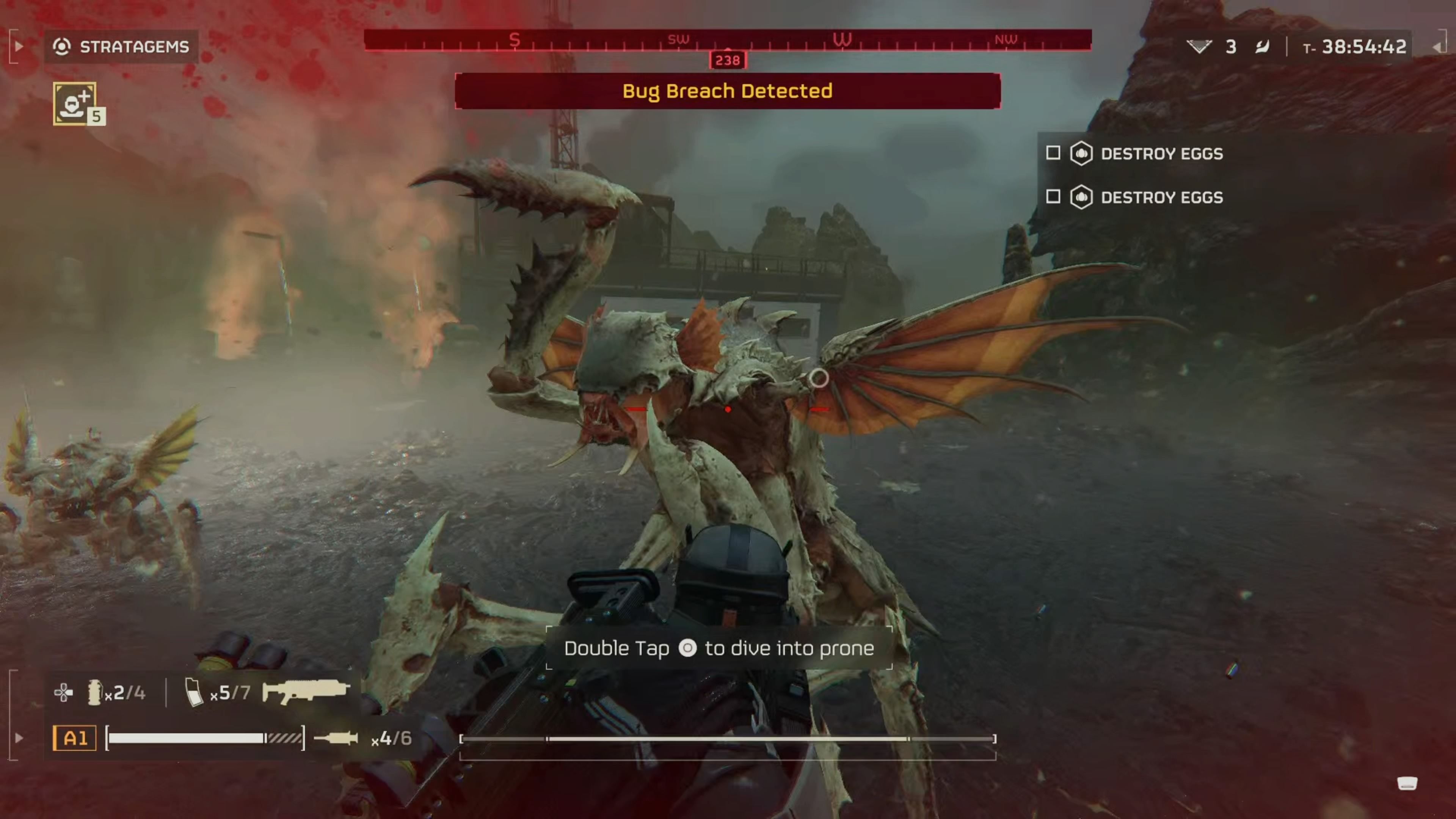 Hunter Terminid leaping forward and attacking a player character during a Bug Breach at an outpost in Helldivers 2. 