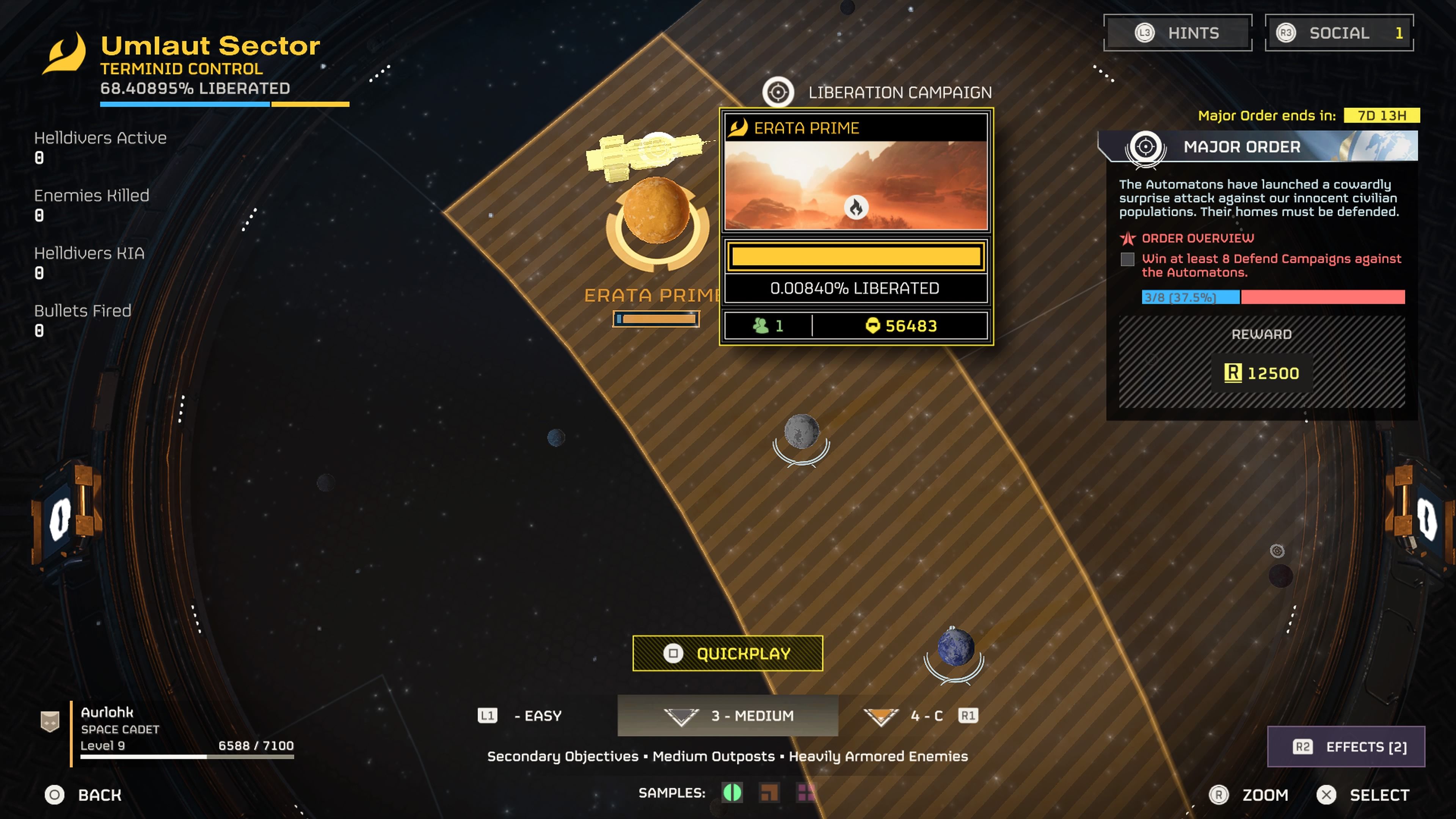 View of the Galaxy Map centered on the planet Erata Prime in a Terminid Controlled Zone in Helldivers 2.