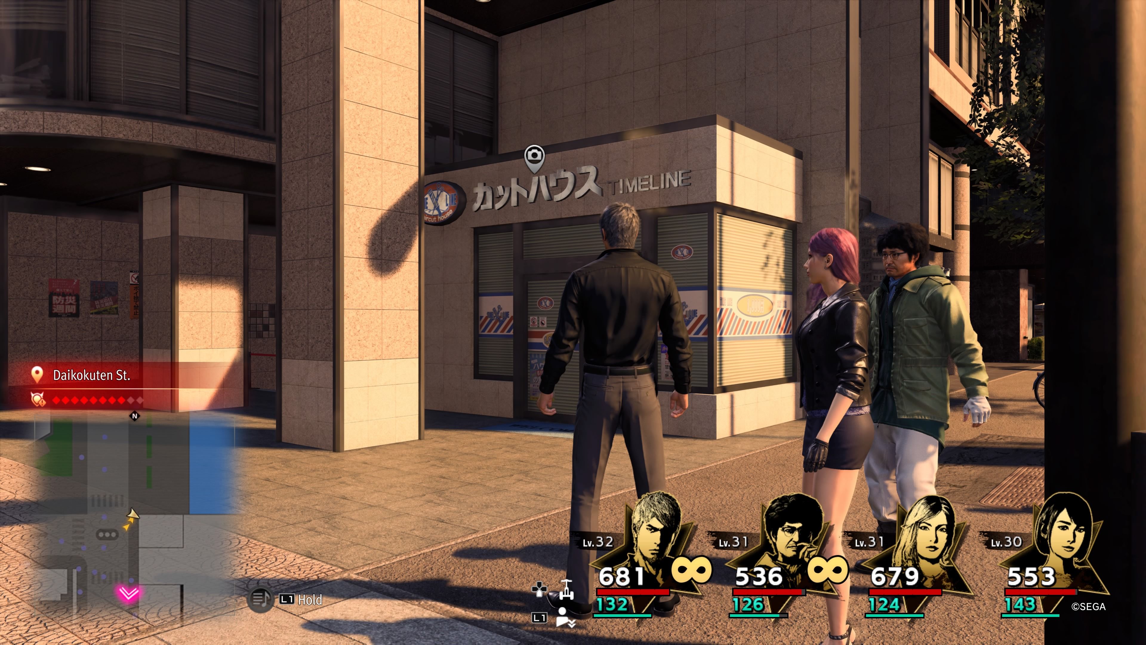 Kiryu, Seonhee, and Nanba standing in front of the Cut House Timeline building in Like A Dragon: Infinite Wealth.