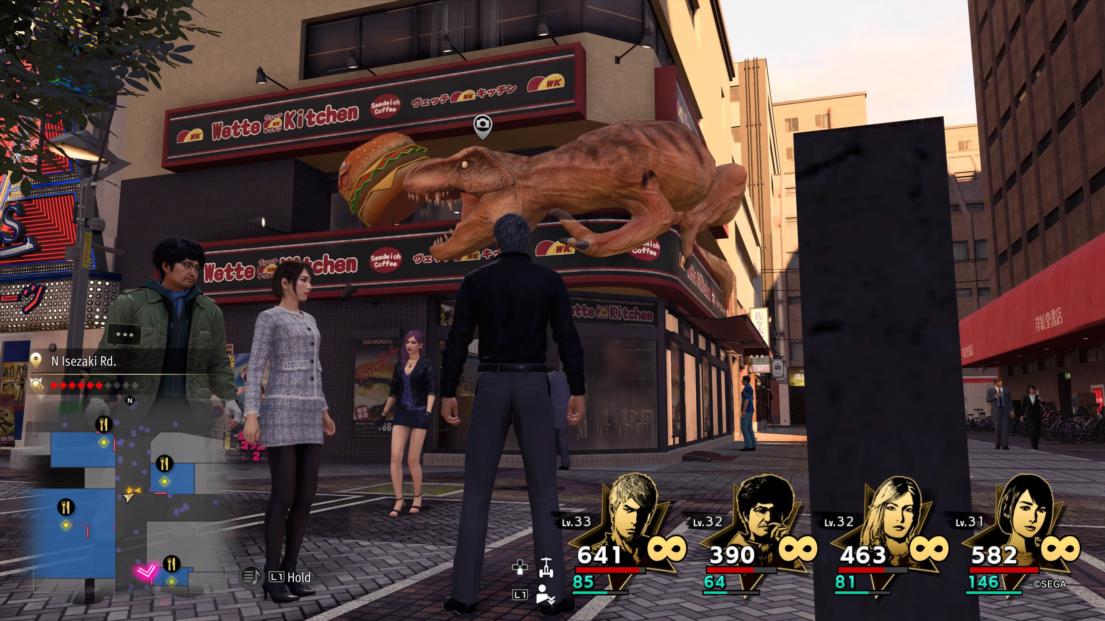 Kiryu, Saeko, Nanba, and Seonhee standing beneath the Wette Kitchen Dinosaur restaurant in Like A Dragon: Infinite Wealth.