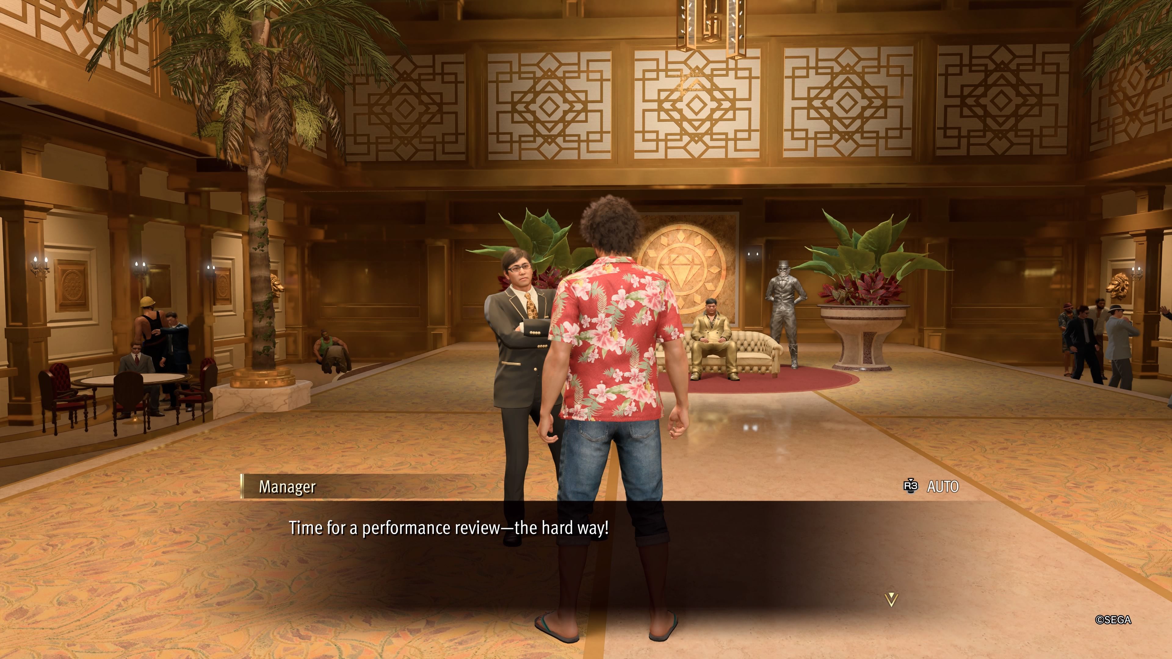 An underling of Jack's threatens Kasuga with a hard time in Regal Jack's Resort Tower in Like A Dragon: Infinite Wealth.
