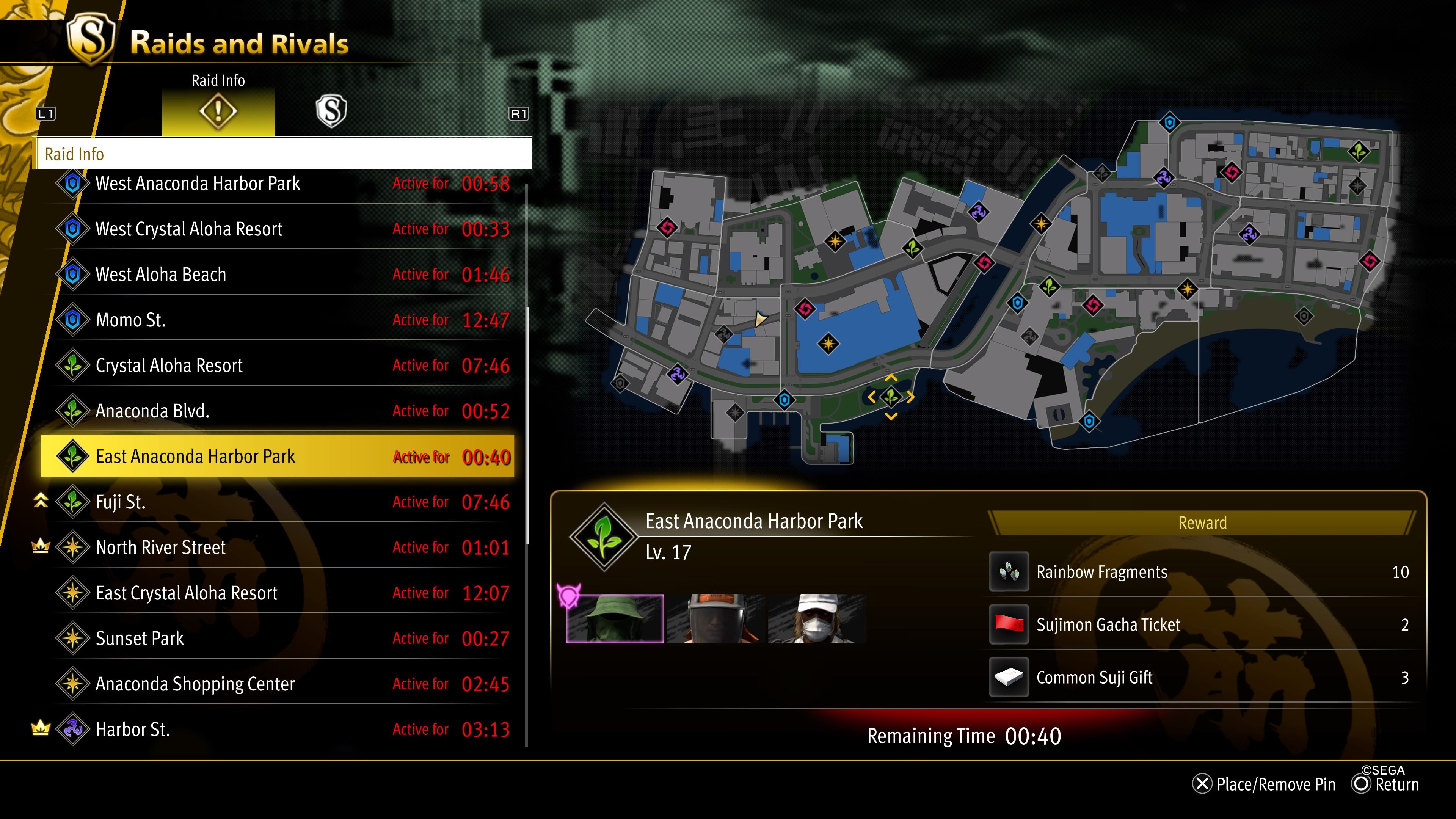 Raid location menu showing an active raid with a Groundsreaper as the boss in Like A Dragon: Infinite Wealth.