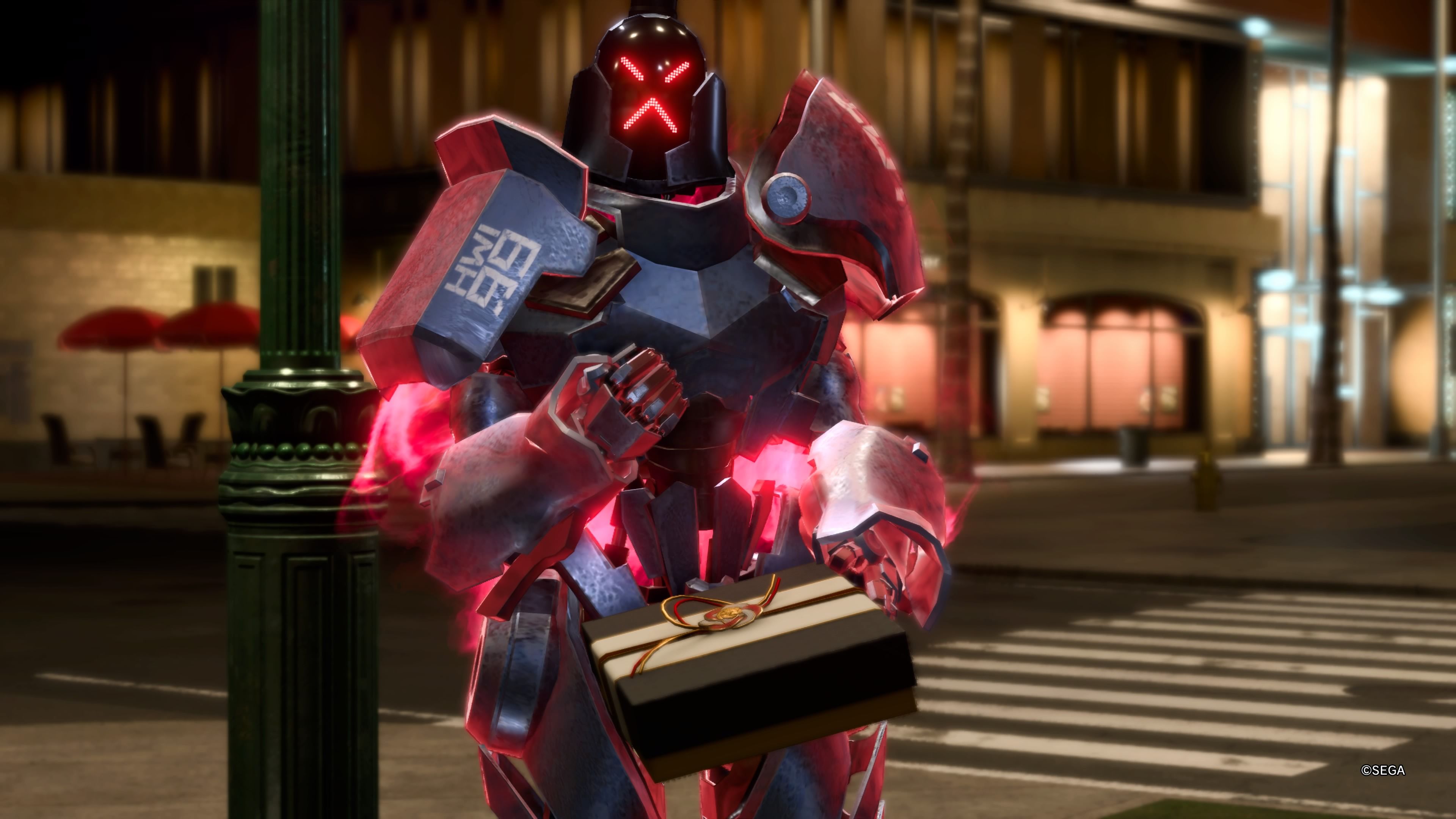 Close up view of an Extermination-kun Sujimon accept a Hyper Suji Gift after a battle in Like A Dragon: Infinite Wealth.