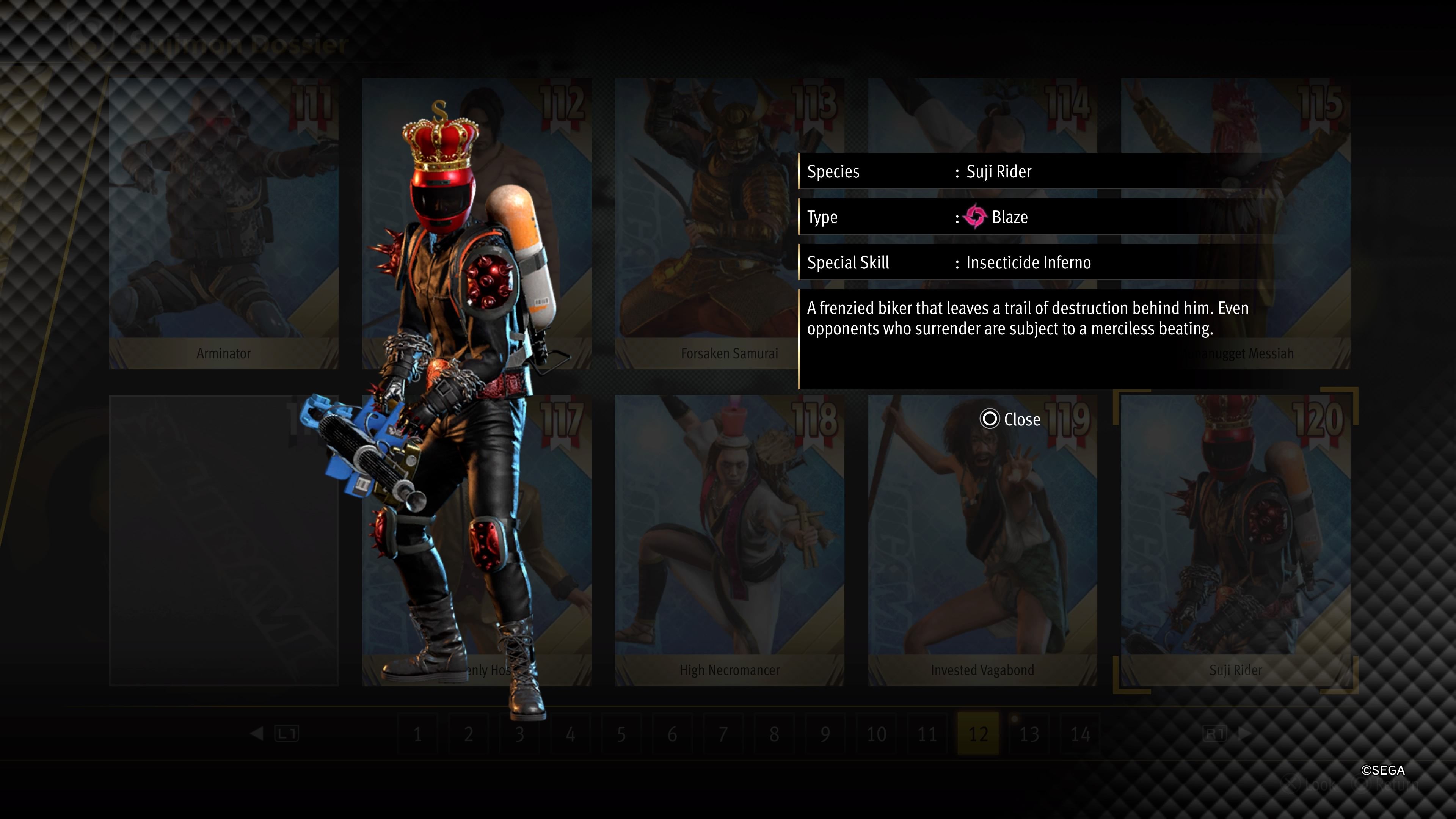 Voew of Suji Rider, a Sujimon with a bike helmet and flamethrower on a dark background with information about it in Like A Dragon: Infinite Wealth.