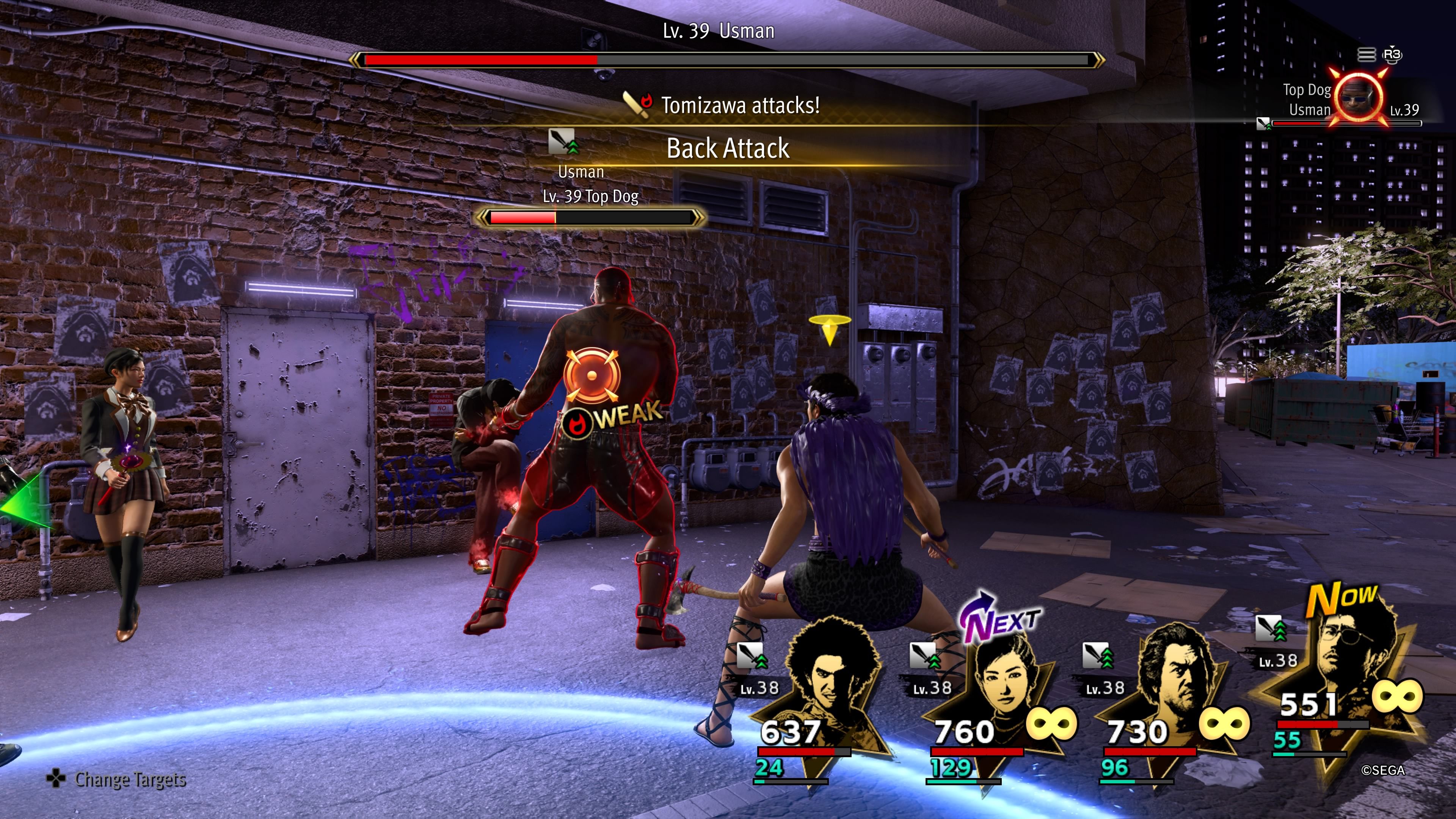 Tomizawa as a Pyro Dancer about to perform a Back Attack on a Top Dog enemy in battle in Like A Dragon: Infinite Wealth.