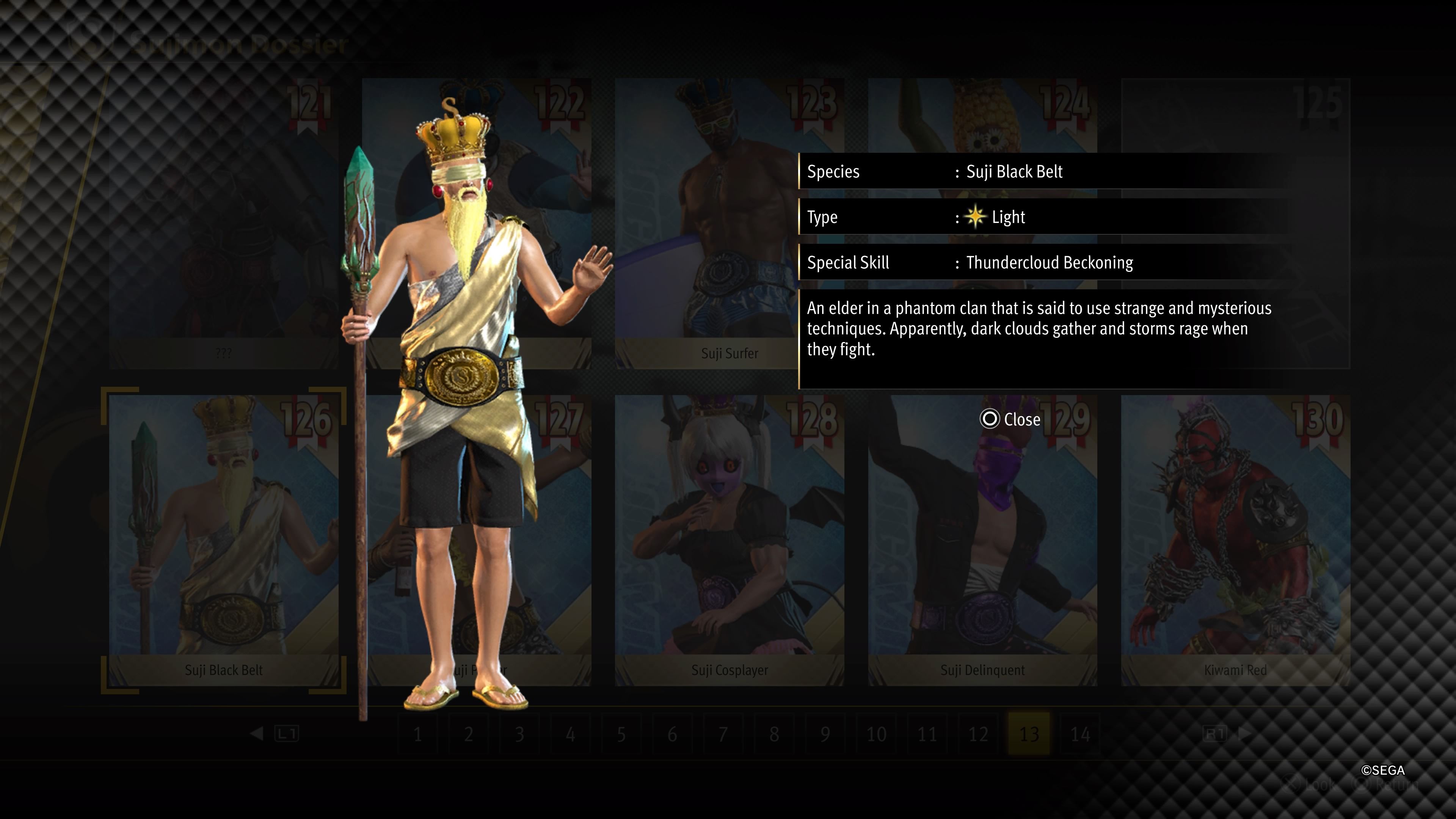 View of Suji Black Belt, an old man with a crown and a crystal staff against a black background with information on him near in Like A Dragon: Infinite Wealth.