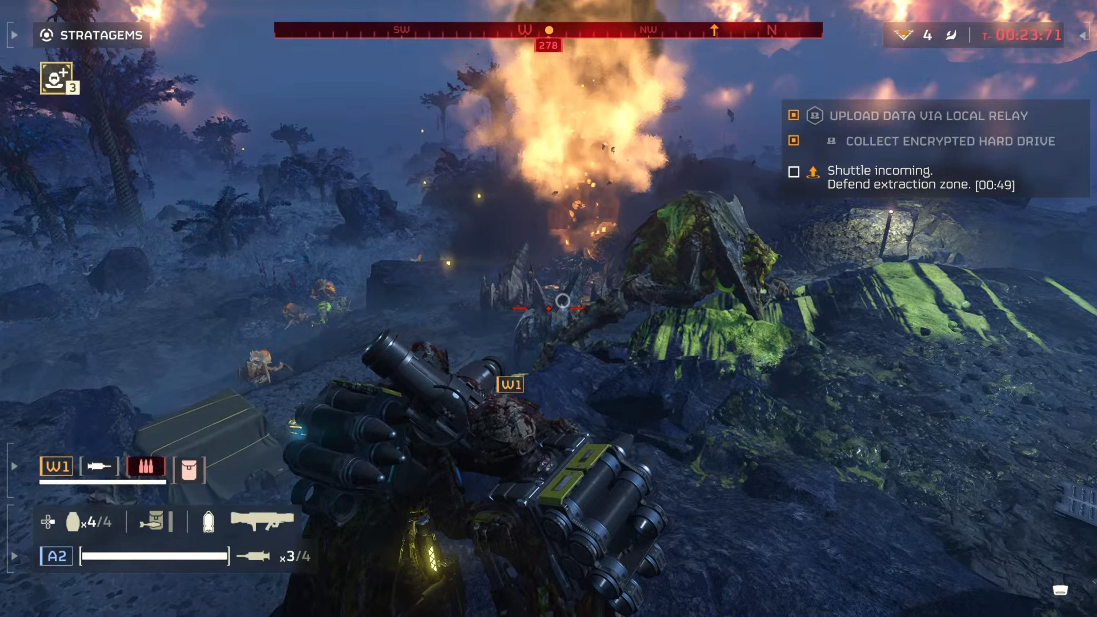 Two players jointly reloading and firing a Recoilless Rifle against Terminids in Helldivers 2.