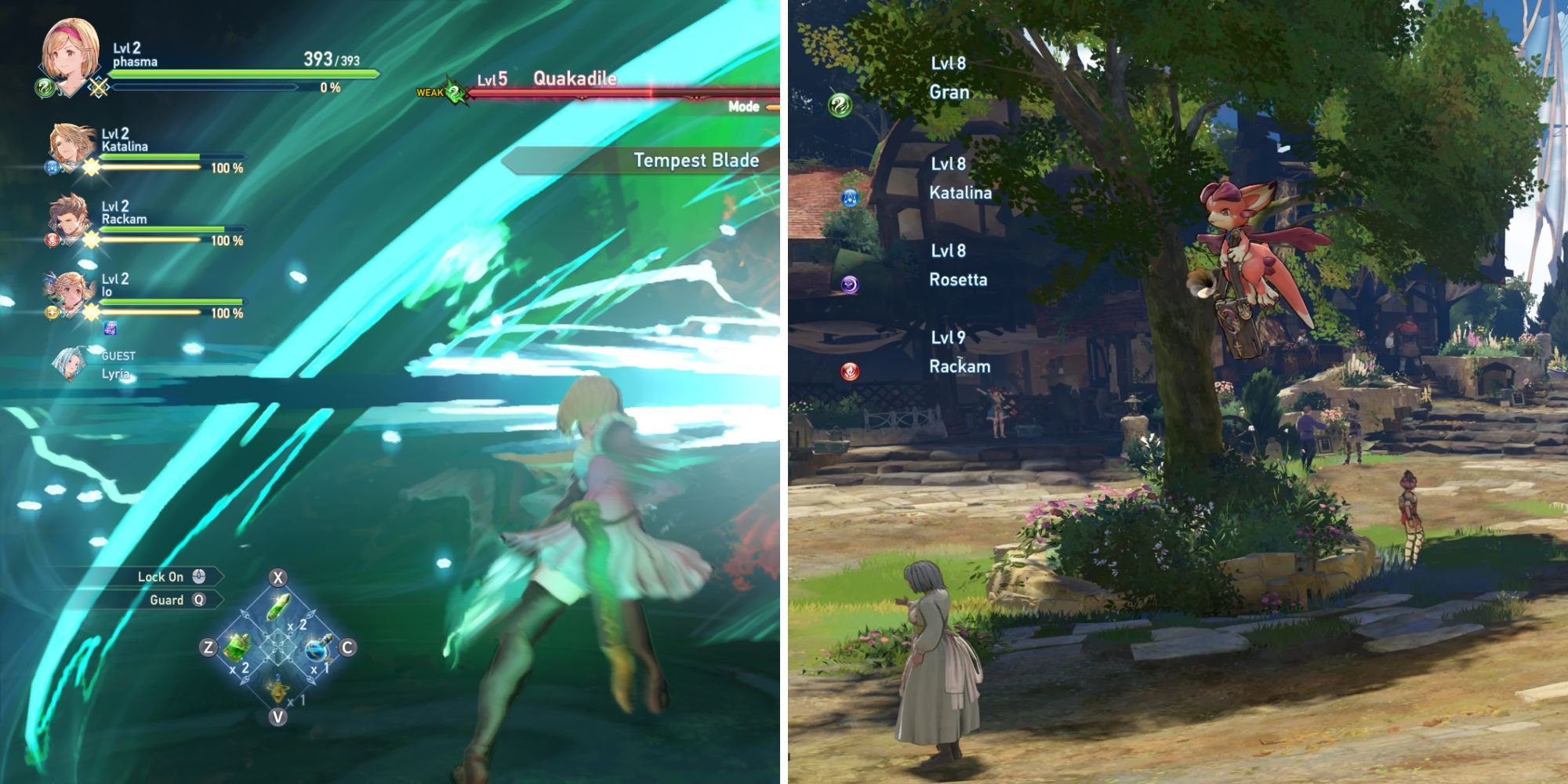 Left - Original HUD layout during a battle with the party; Right - Revised HUD layout in town in Granblue Fantasy Relink