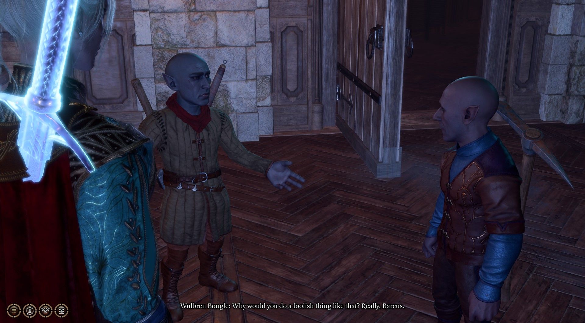 Player watches Wulbren and Barcus reunite in Last Light Inn in Baldur's Gate 3