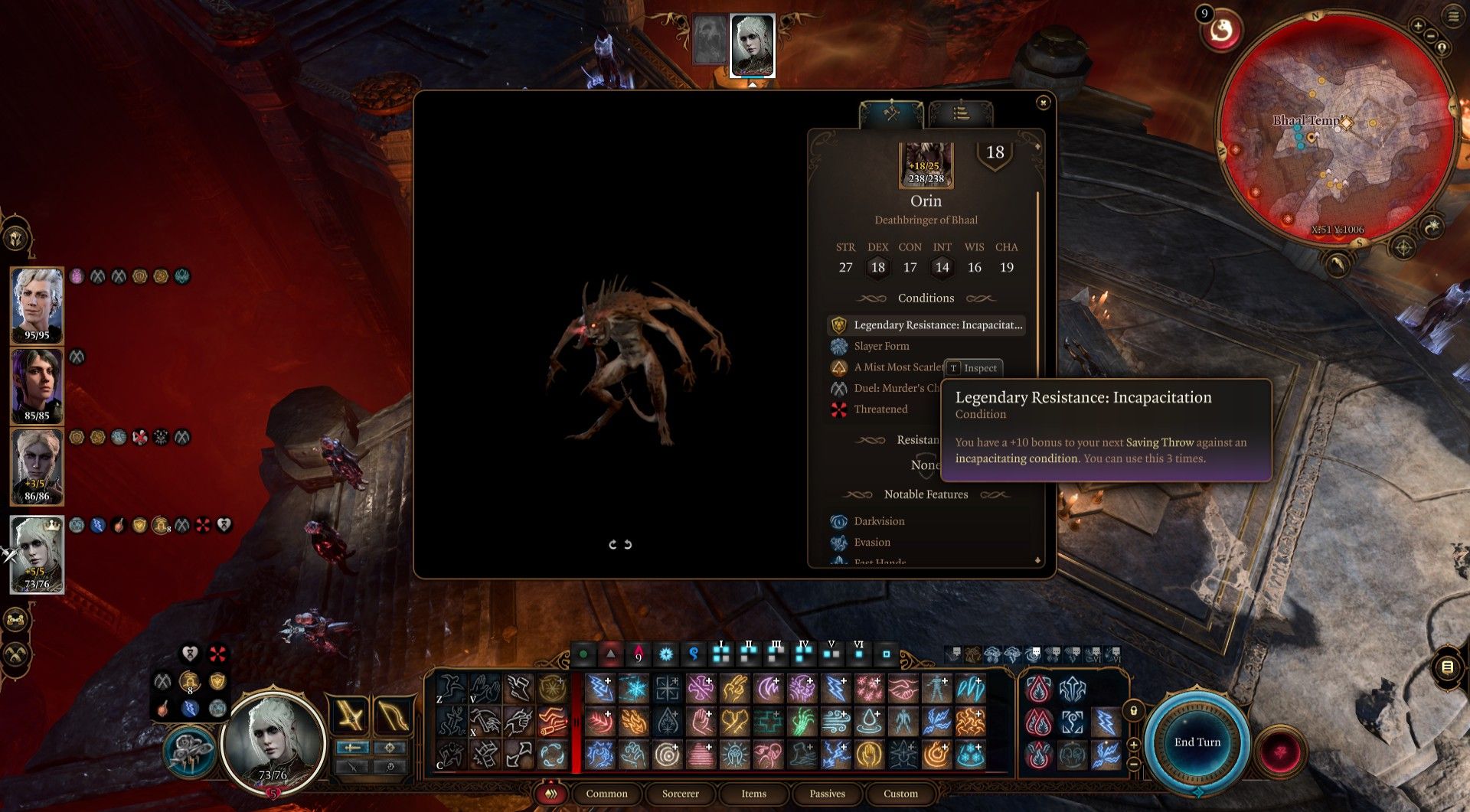 Player investigates Orin the Slayer's stats during duel in Tactician mode Baldur's Gate 3