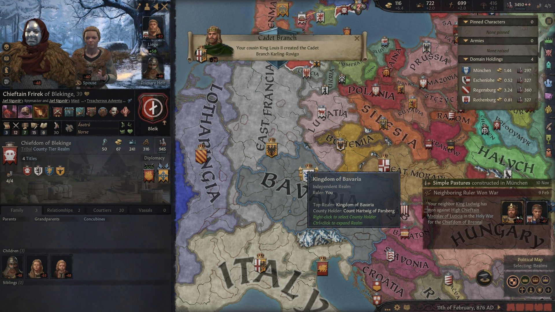 a notification about a cadet branch being founded in crusader kings 3