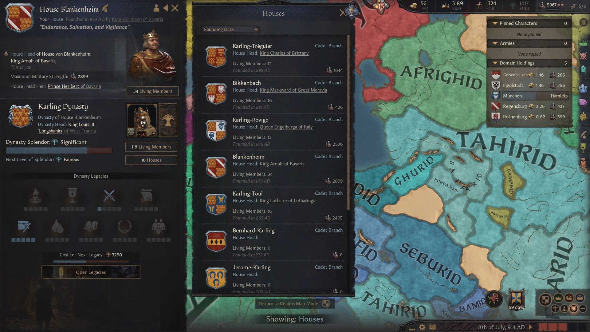 an extensive Karling dynasty with several cadet branches in crusader kings 3