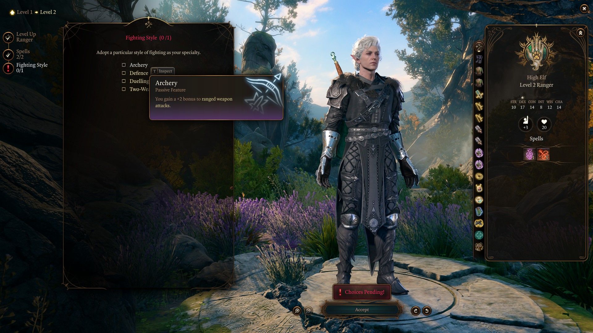 Astarion Ranger chooses Archery Fighting Style in Baldur's Gate 3