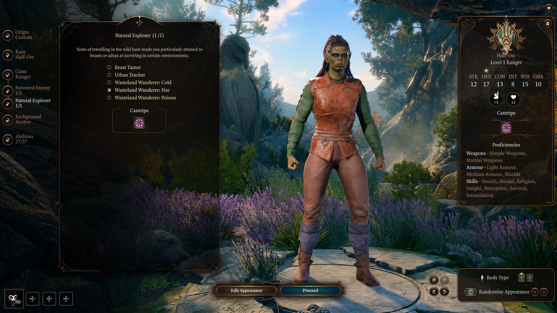 Half Orc Ranger chooses Wasteland Wanderer Fire as starting feat in Baldur's Gate 3