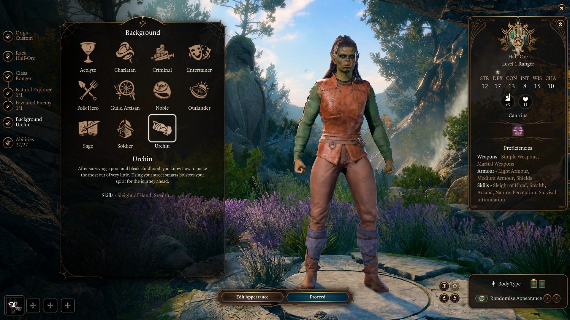 Half-Orc Ranger chooses the Urchin background in Baldur's Gate 3