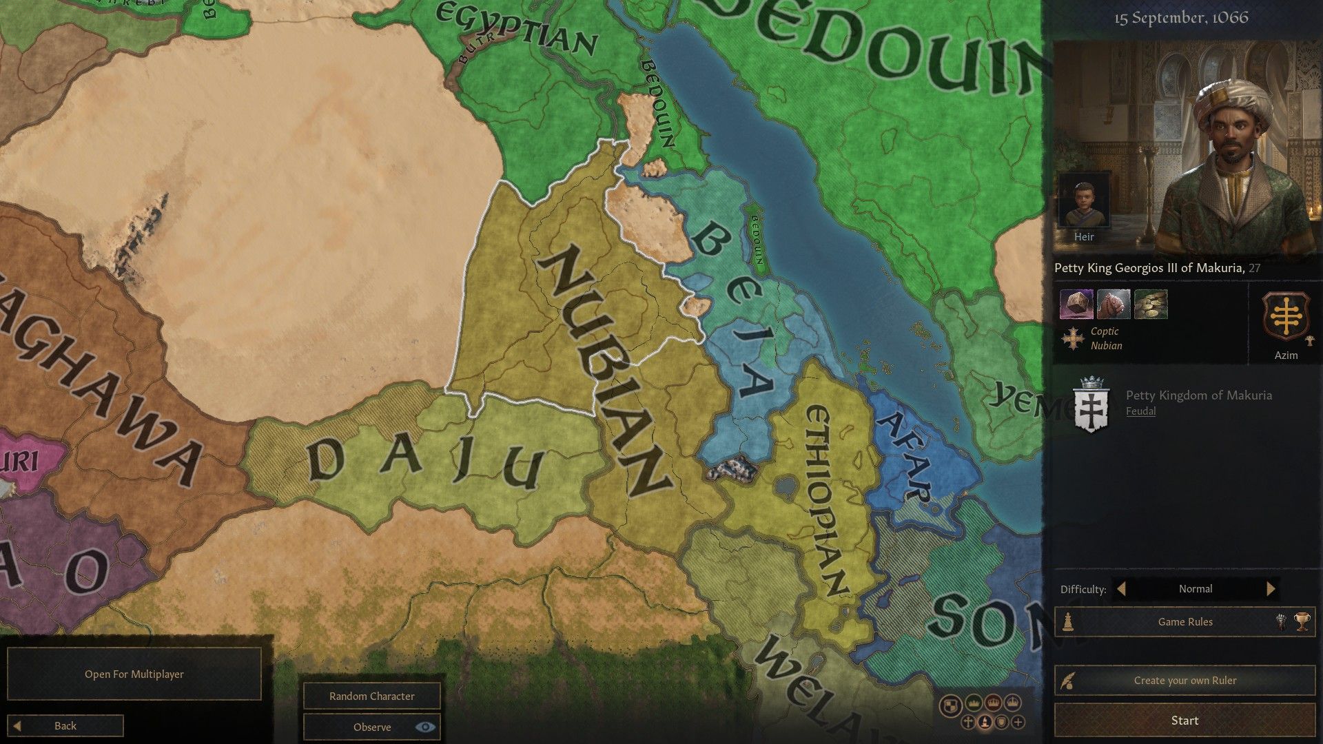 the culture map of eastern africa in 1066 in crusader kings 3, with nubian centered