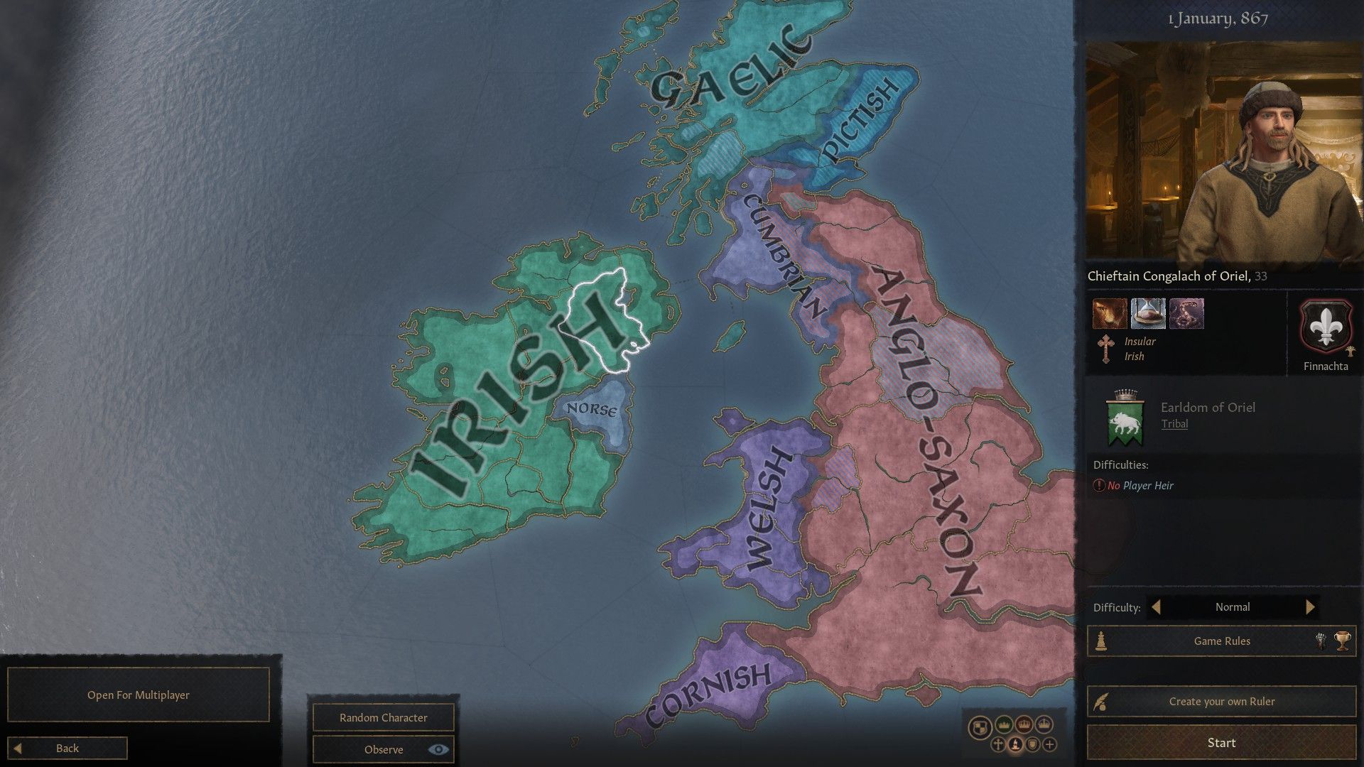 A map of ireland in Crusader Kings 3 with Oriel highlighted.